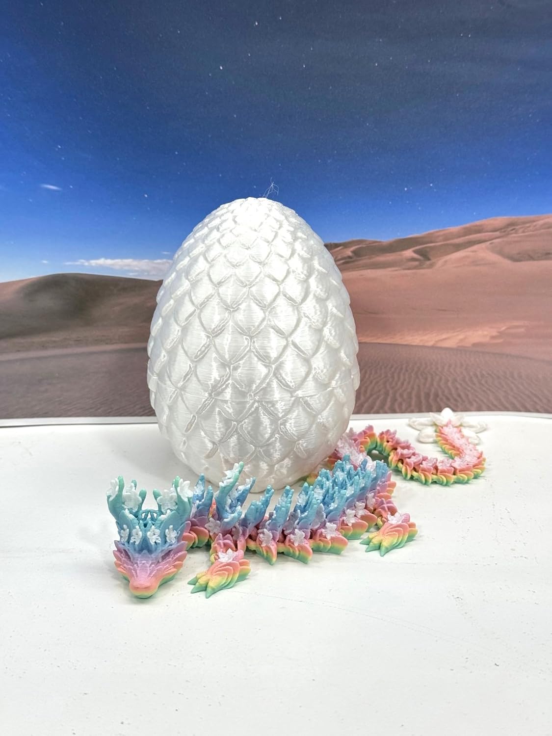 3D Printed Dragon with Dragon Egg, 12" Rainbow Cherry Blossom, Fidget ADHD Autism Toy, Executive Desk Toy D060-WE