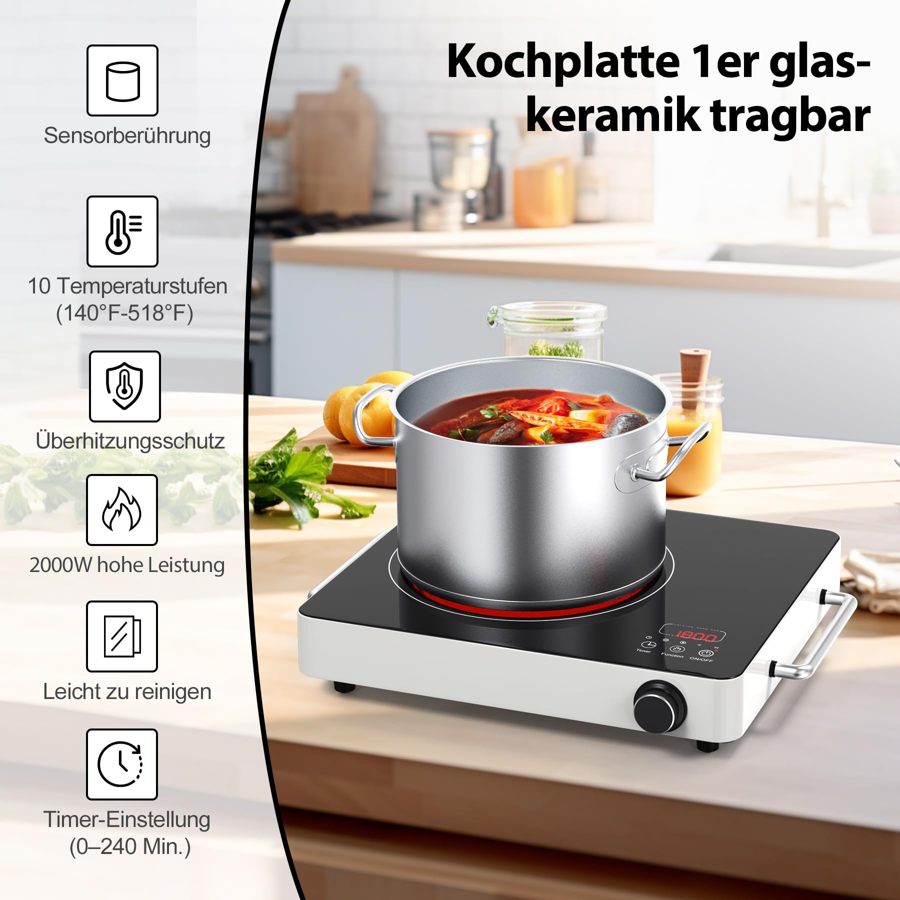 VBGK Cerankochfeld 1 Platte 220V Touch Knopf Elektrokochfeld 2000W Einzelnes Keramikkochfeld 10 Leistungsstufen Kindersicherung Timer
