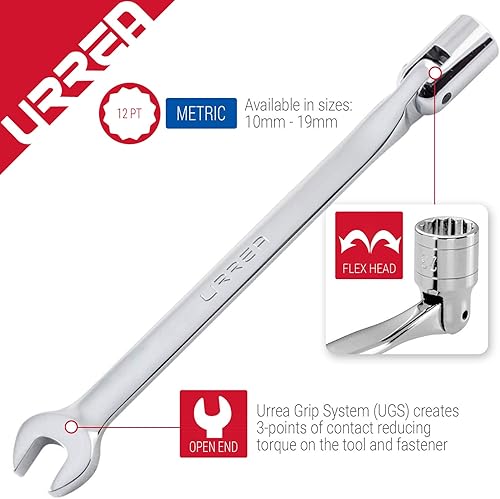 Miniatura 5 de Urrea Llave de cabeza flexible de 12 puntos - Llave combinada de cabeza flexible de 0.591in con extremo de caja de trinquete y extremo abierto fijo