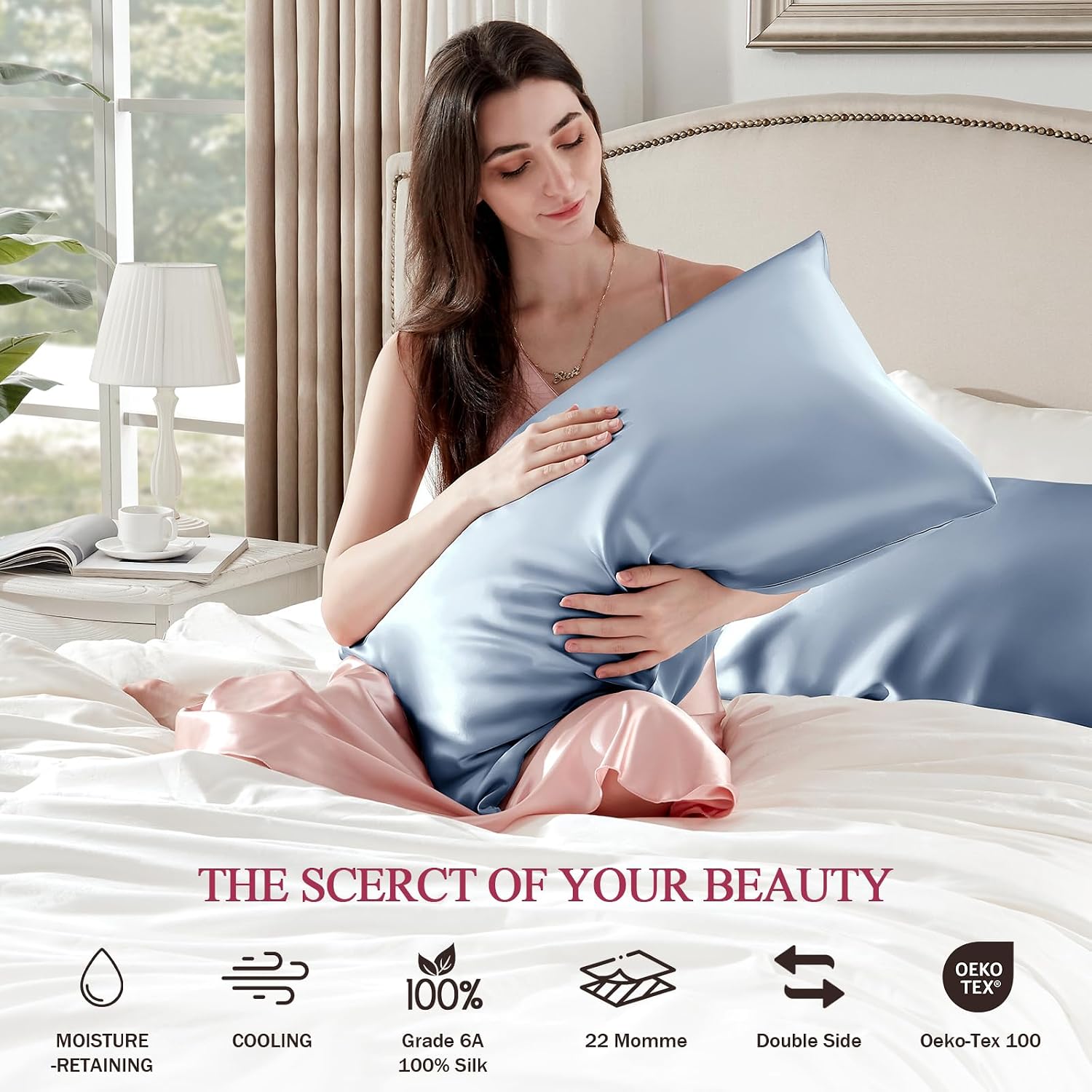 100% Silk Pillow Cases 2 Pack Standard Size Mulberry Silk Pillowcase Set of 2 for Hair and Skin 22 Momme Highest Grade 6A Silk Cooling Soft Smooth with Zipper 20 x 26 Inches, Grey Blue