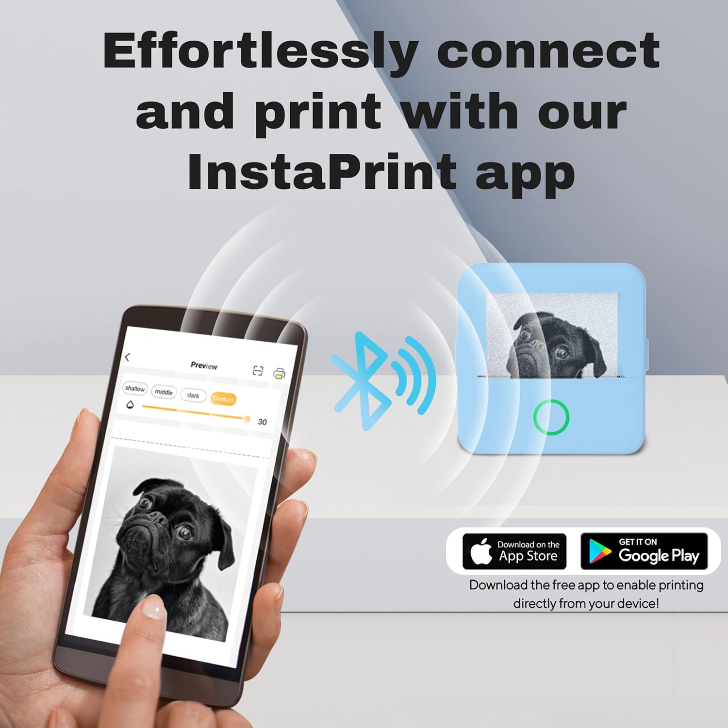 Smartphone screen showing InstaPrint app interface with App Store and Google Play download buttons