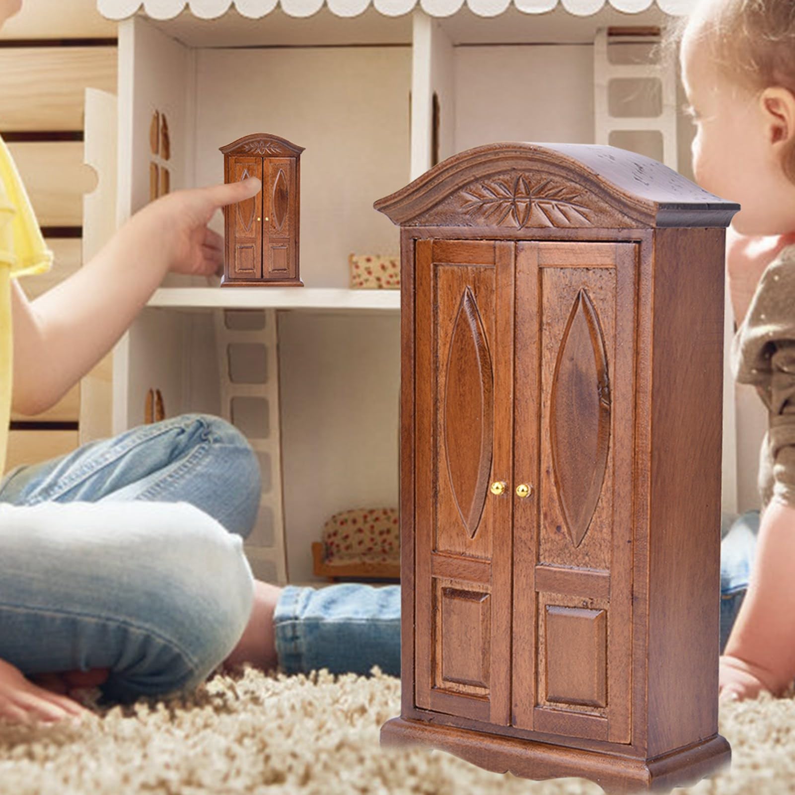 Fafeicy 1/12 Scale Mini Vintage Wooden Double Door Closet Wardrobe Dollhouse - Image 4