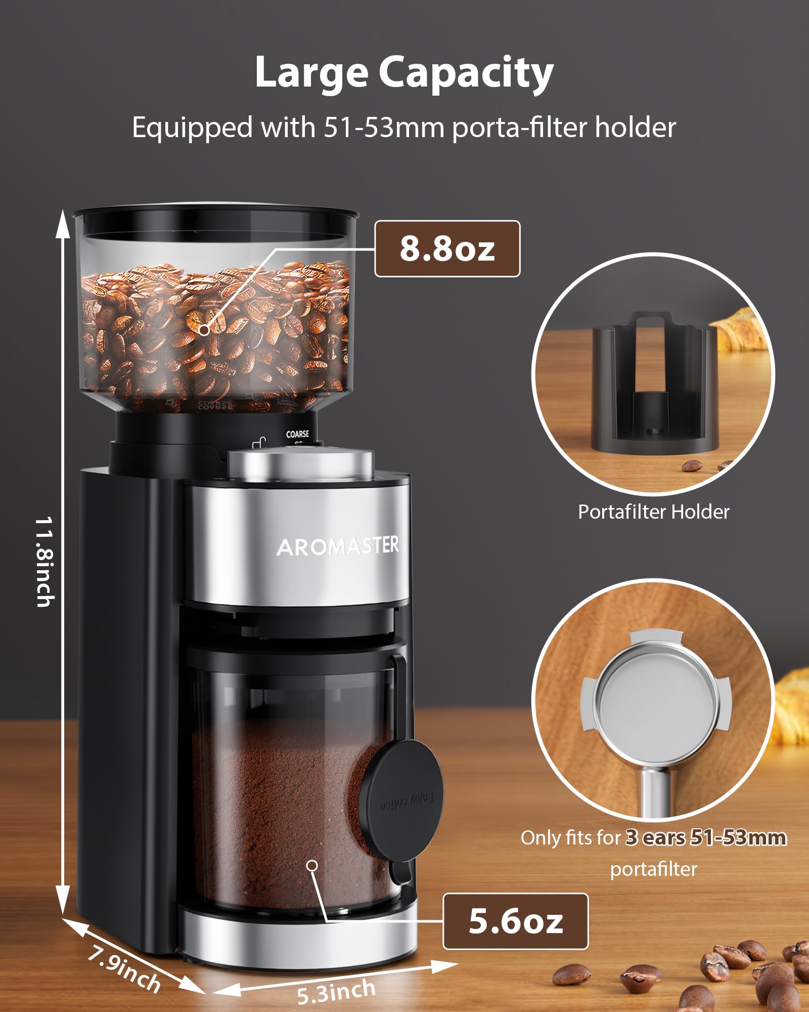 Aromaster Conical Burr Coffee Grinder with 25 Grind Settings,Adjustable 2-12 Cups Timer,Coffee Bean Grinder,3-Ear Portafilter Holder, Anti-static Design,Cleaning Brush Included,Black — view 7