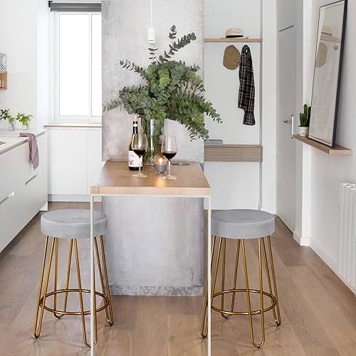 Miniatura 2 de Yaheetech Taburete redondo para encimera de cocina, taburetes de bar con patas doradas, asiento tapizado de terciopelo para cocina/comedor, gris,