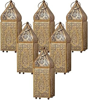 Serene Spaces Living Moroccan Lightweight Thin Gold Ornate Candle Lantern, Antique Gold Lantern, Decorative Candle Holders, Indian Wedding, Eid, Ramadan, 2.75" Diameter & 8.5" Tall, Pack of 6