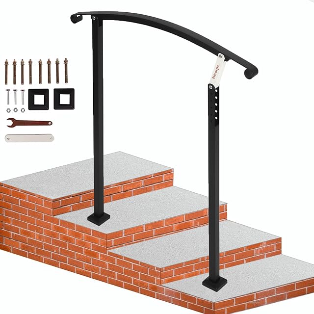Nisorpa Handrails for Outdoor Steps, Wrought Iron Handrail Fit 0 to 3 Steps Outdoor Stair Railing Adjustable Front Porch with Installation Kit Outdoor Handrail for Concrete Steps or Wooden Stairs