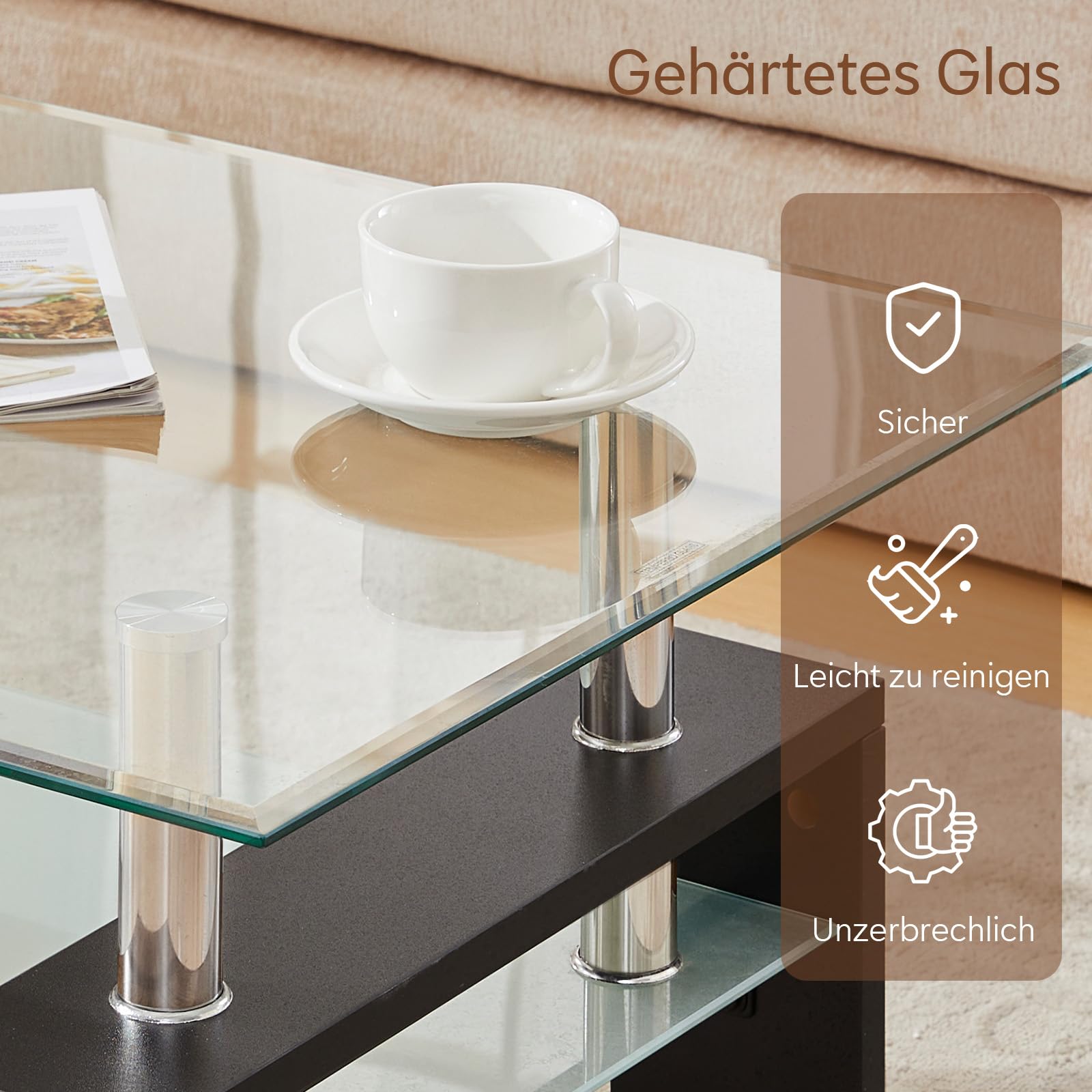 TUKAILAI Couchtisch Glas Modern Rechteckiger Wohnzimmertisch Couchtisch mit unterer Ablage, Beistelltisch Glastisch für Wohnzimmer, Gäste, Empfang, Zimmertisch, Schwarz,100x60x45 cm