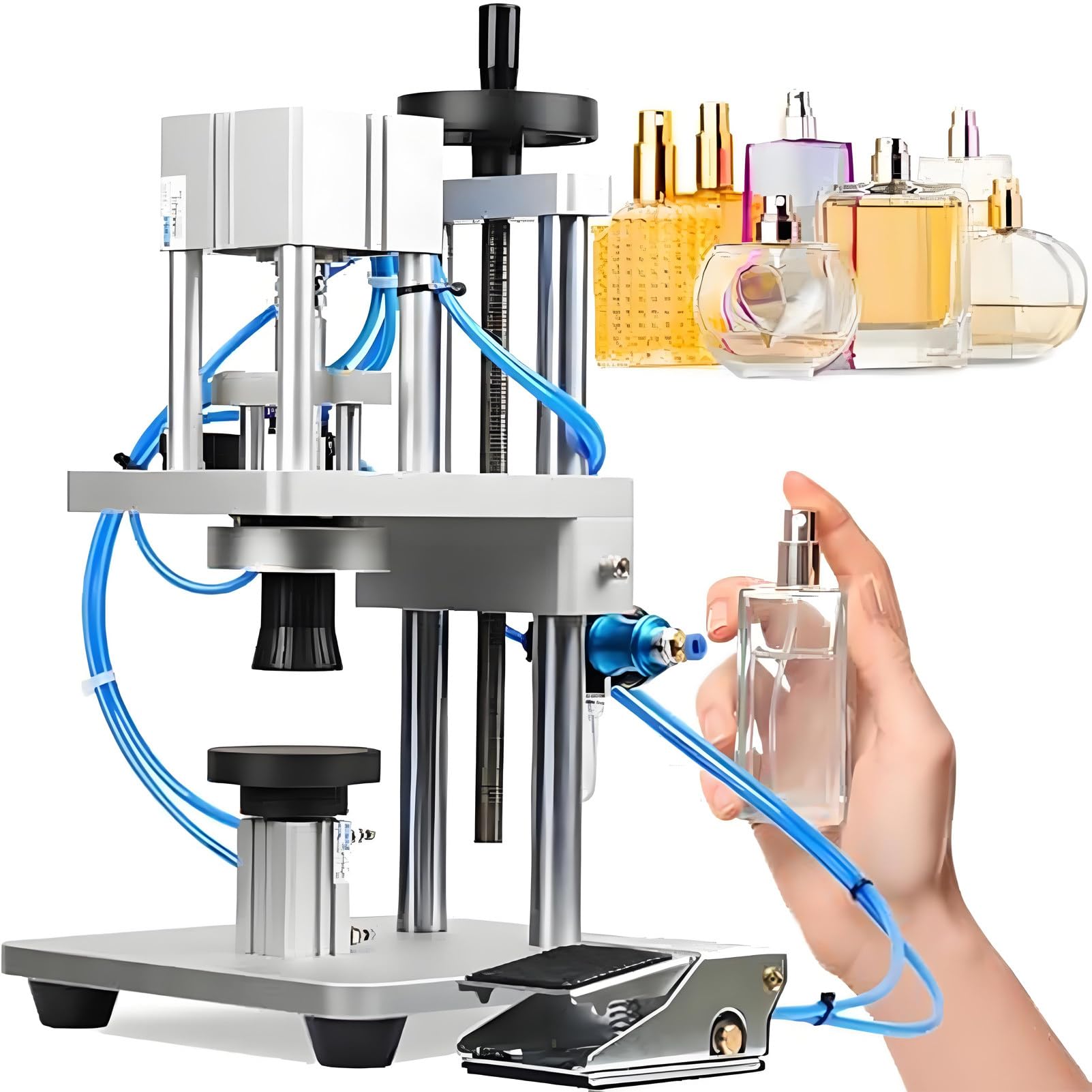 Máquina taponadora automática de botellas de perfume, control de interruptor de pie, tapadora de altura ajustable para viales y botellas, recipientes de aceite esencial de perfume de 13-20 mm