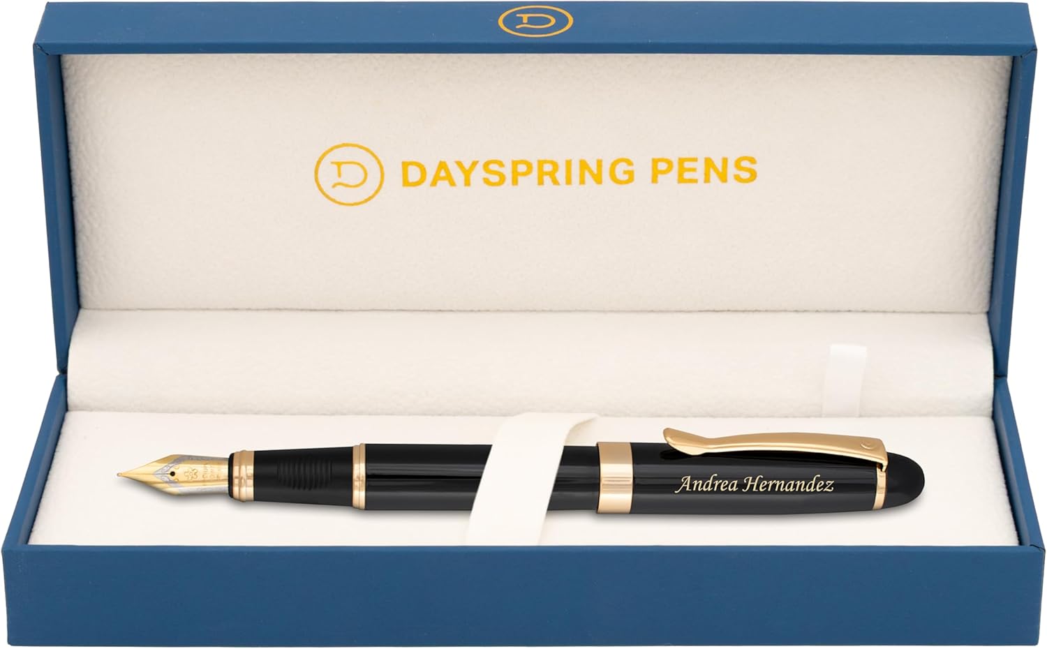 Dayspring Pens Alexandria Black Fountain Pen with Gold Trim Personalized Engraved Pens to Gift for Holidays and Corporate Awards. Medium Stainless Steel Nib Black Ink and Converter in Gift Box