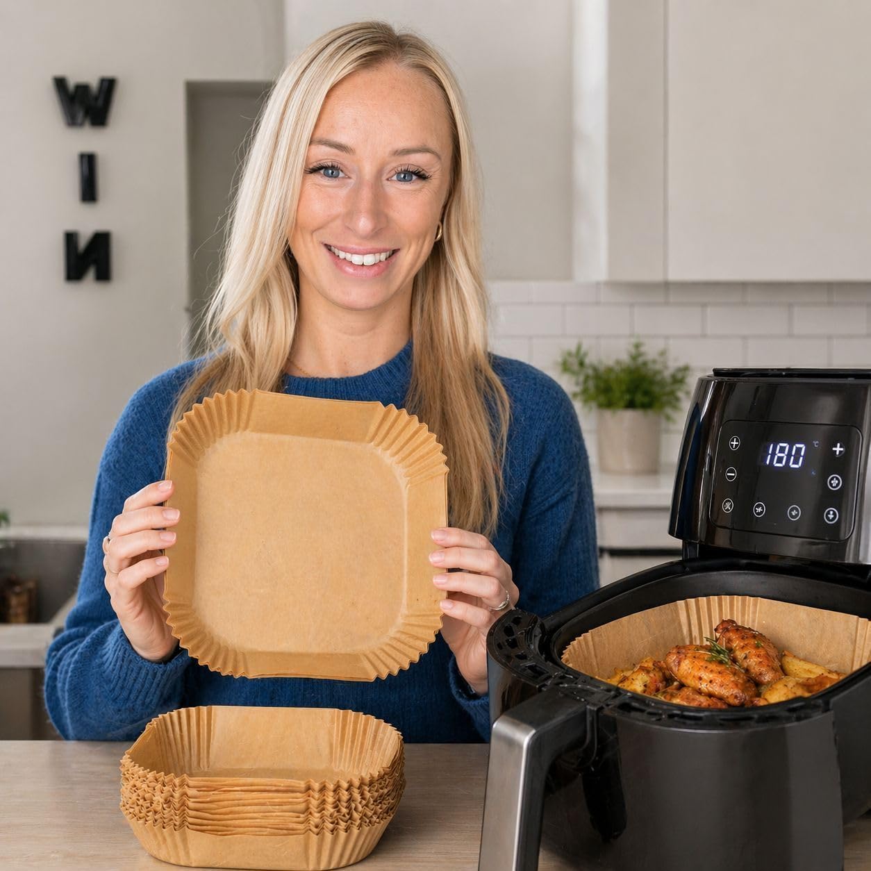 Air Fryer Liners 250 PCS, Disposable Parchment Paper Liners 8 Inch Square, Unbleached Baking Sheets for Air Fryer Basket 5–8 QT, Easy Cleanup, Oven & Baking Use