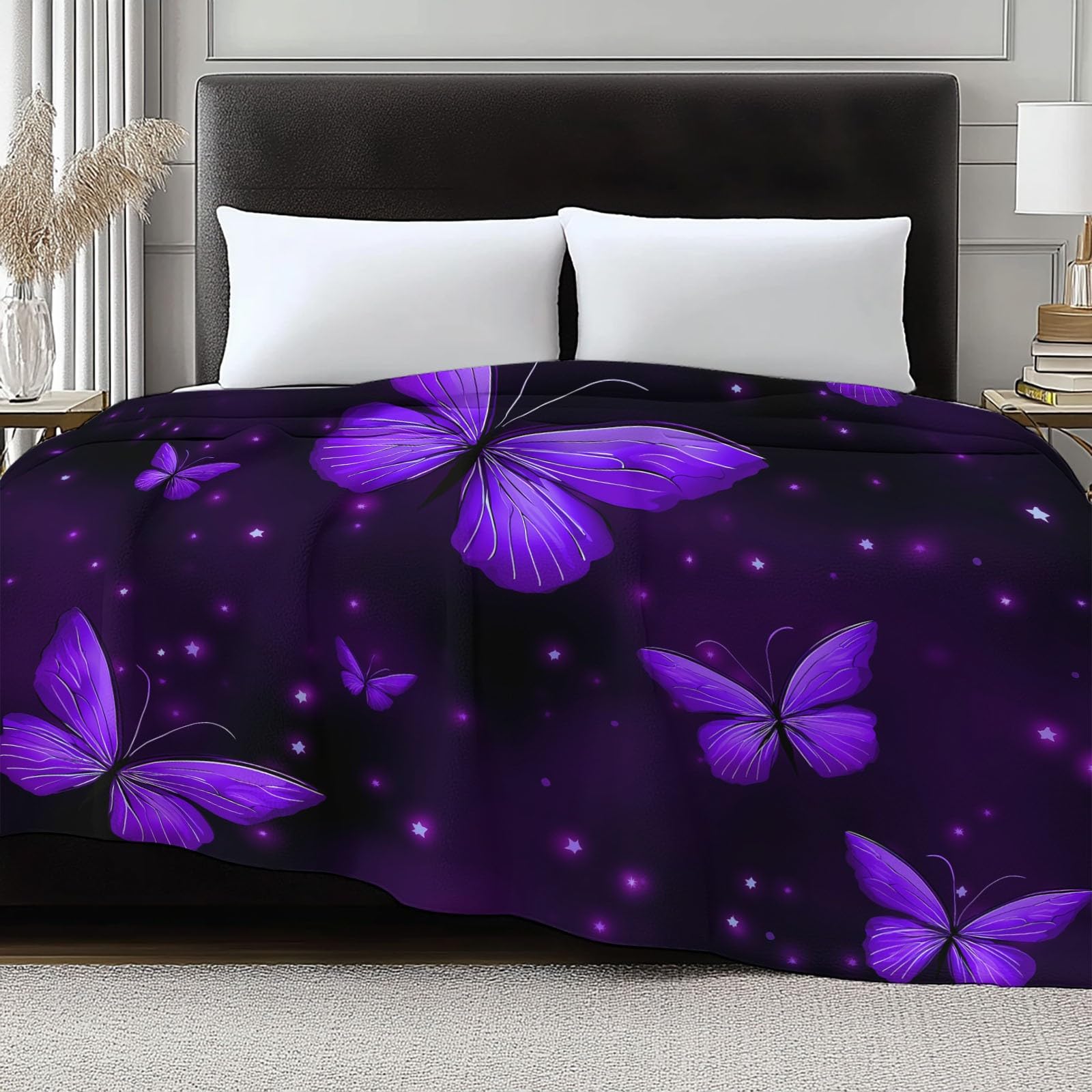 Coperta Plaid Pile in Flanella 180x220 cm Coperta Pile Piccola Farfalla Cielo Stellato, Morbida Soffice Calda Coperte per Divano Singolo Matrimoniale Letto Viola