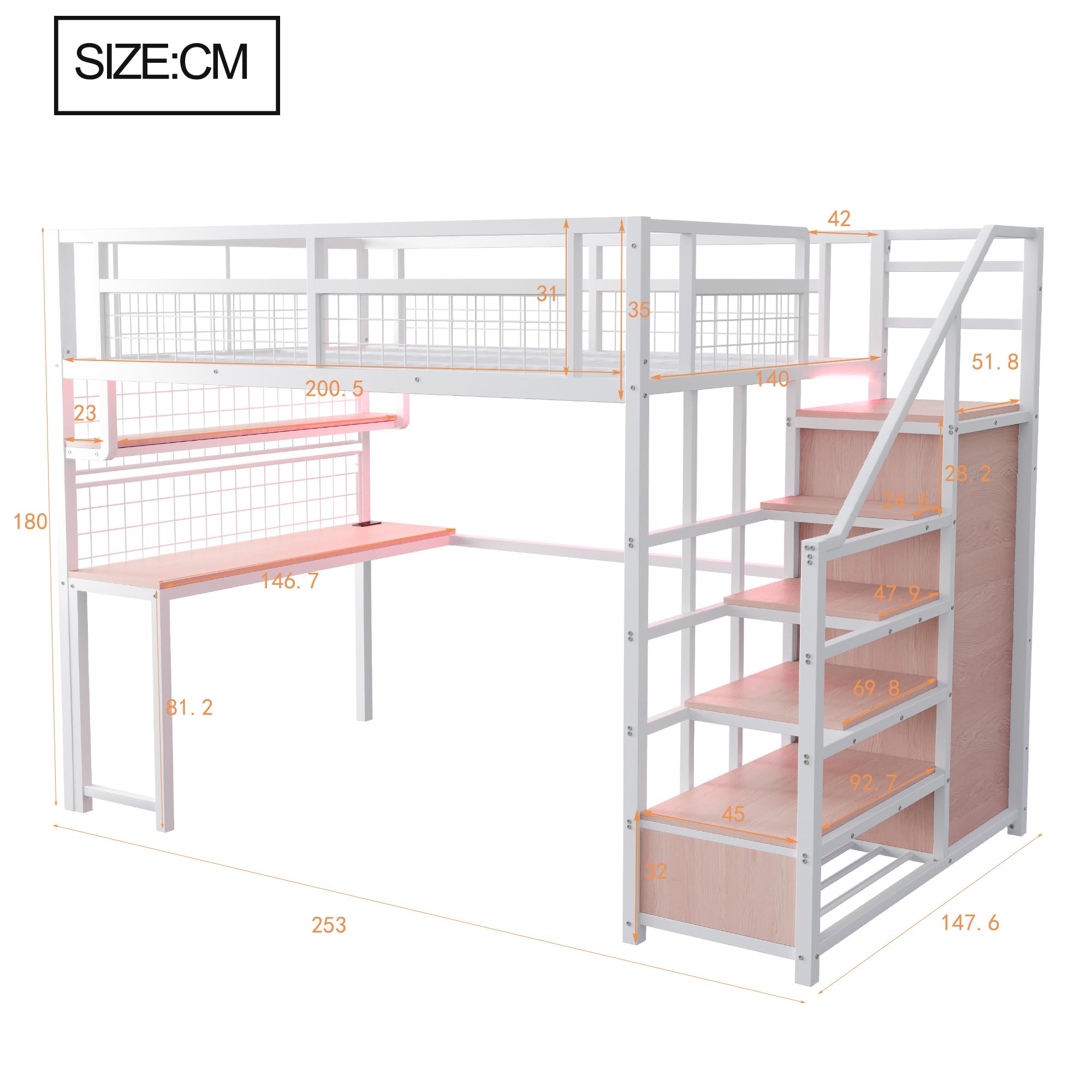 Merax Lit Mezzanine 140x200 cm en métal, avec Armoire et Bureau, Multifonctionnel Lit Enfant avec échelle de Rangement, Blanc (sans Matelas)