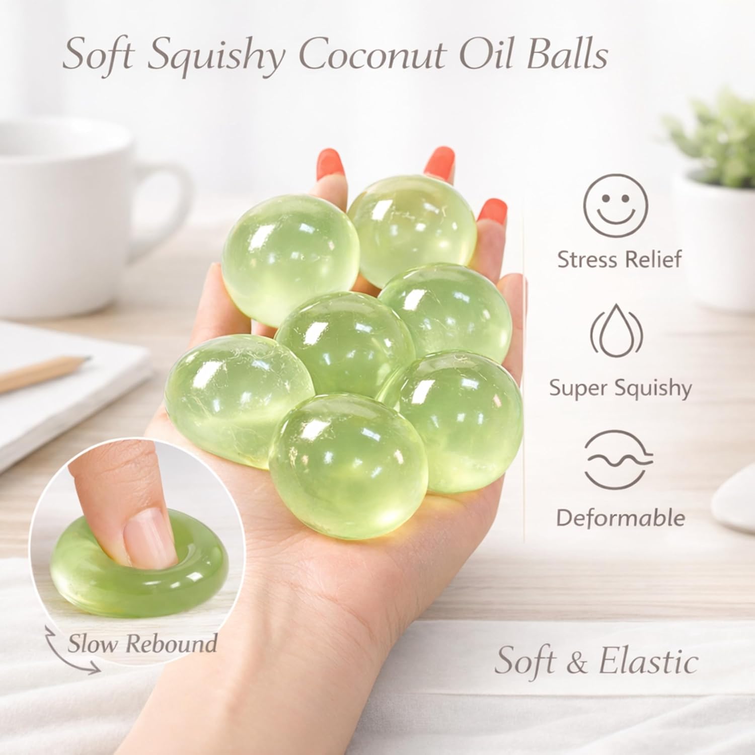 Coconut Oil Squishy Stress Ball, Slow Rising Coconut Squishy Toy, Soft Non-Sticky Squeeze Ball, Easy to Clean, Durable Fidget Stress Ball for Desk, Office, Study & Relaxation (Pink+Blue+Yellow+Green)