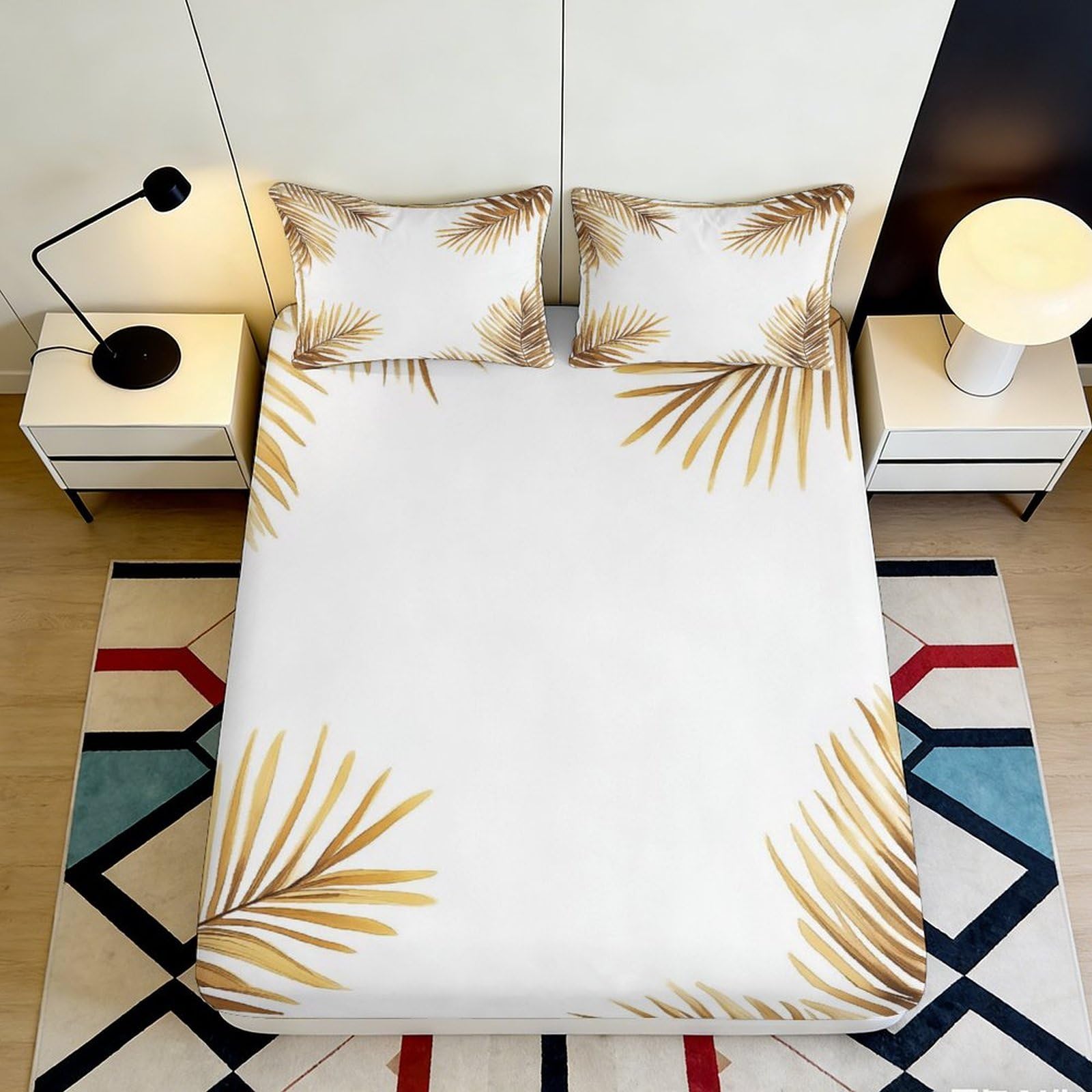 3D Printed Golden Palm Leaf Fitted Sheet Microfiber Soft Breathable Tropical Leaf Bed Cover for Bedroom Dormitory Guest Room Mattress Protection 160x200x25cm