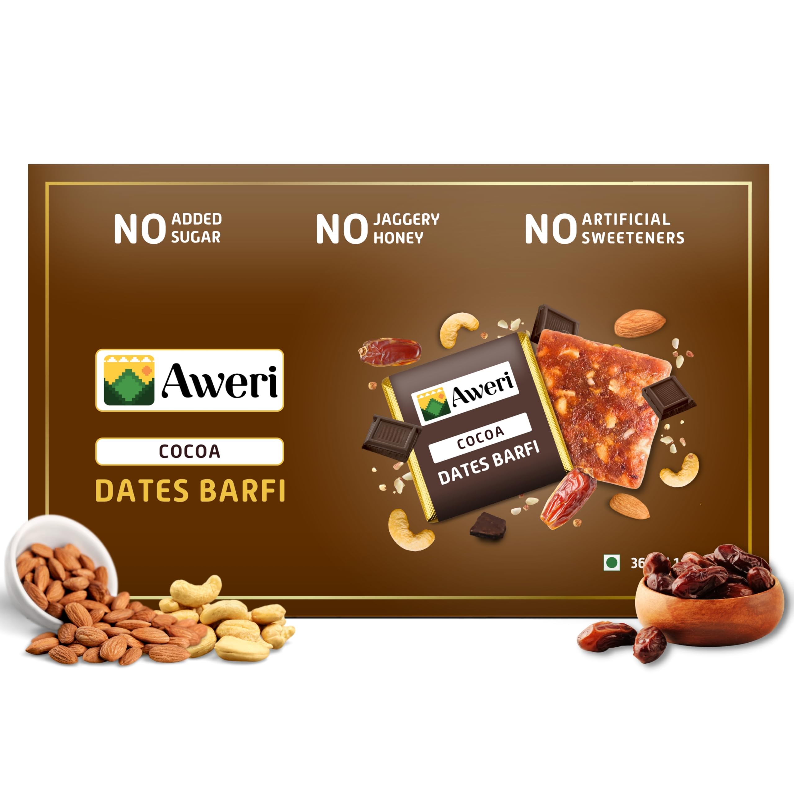 Aweri Cocoa Dates Barfi 360g No Added Sugar Healthy Date Bite | Dry Fruit Barfi | Dates, Almonds, Cashews, Ghee | Cocoa Barfi | Indian Sweet Mithai Gift Pack | Khajoor Barfi | Date Chikki