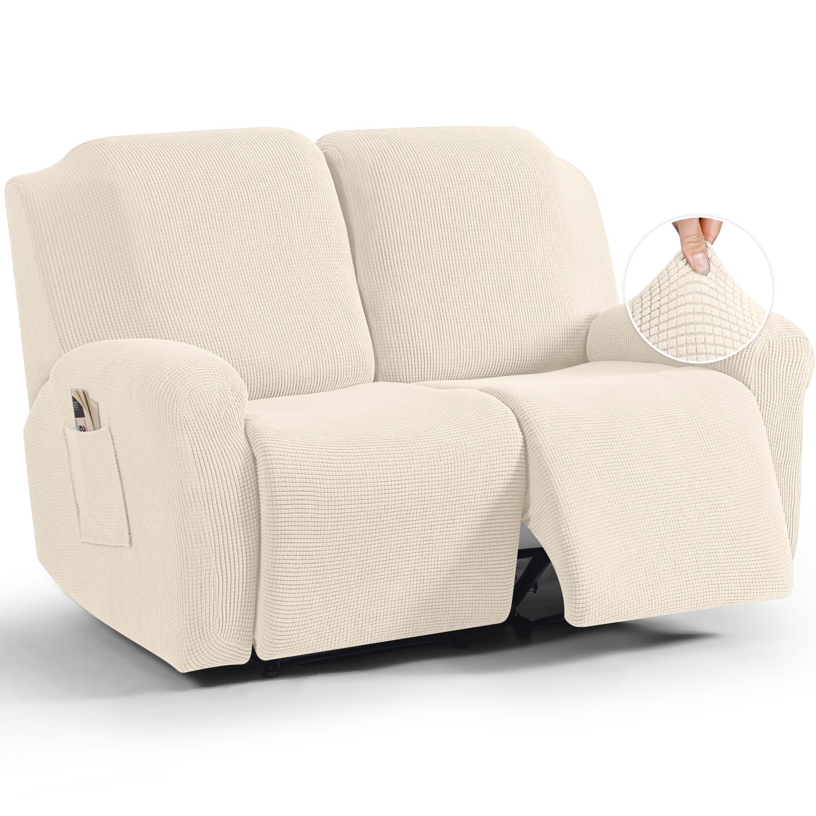 (SIMILAR image )BOYiBO Recliner Loveseat Slipcover, 8 Pieces Dual Recliner Sofa Covers for 3 Seat Dual Reclining Loveseat Couch, Stretch Soft Jacquard Pattern Furniture Protector with Elasticity (Beige White)