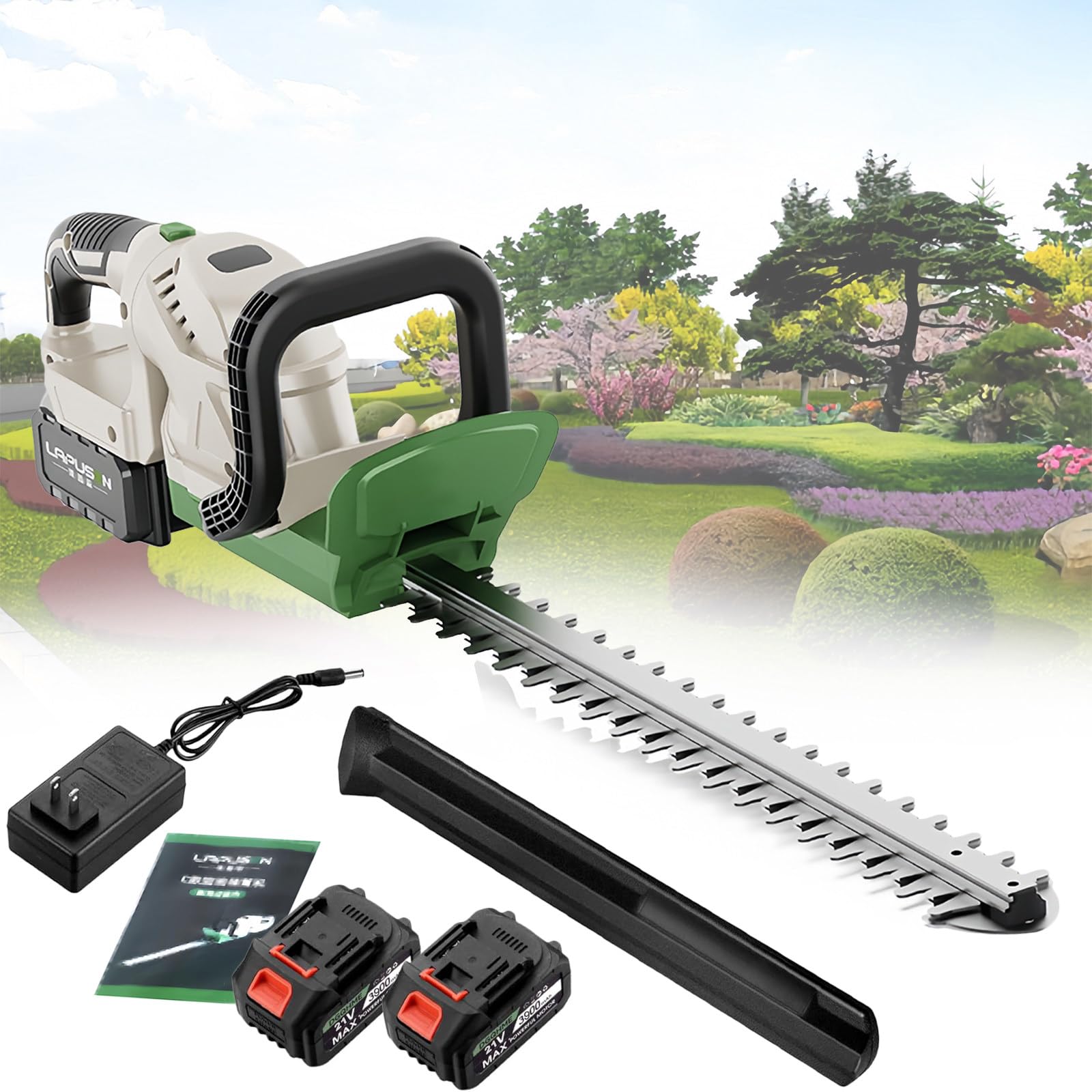 Cortasetos eléctrico a batería, portátil de 50 cm, batería de 3900 mAh y cargador, capacidad de corte de 19 mm, motor sin escobillas de 3000 rpm para el cuidado del jardín y el césped.