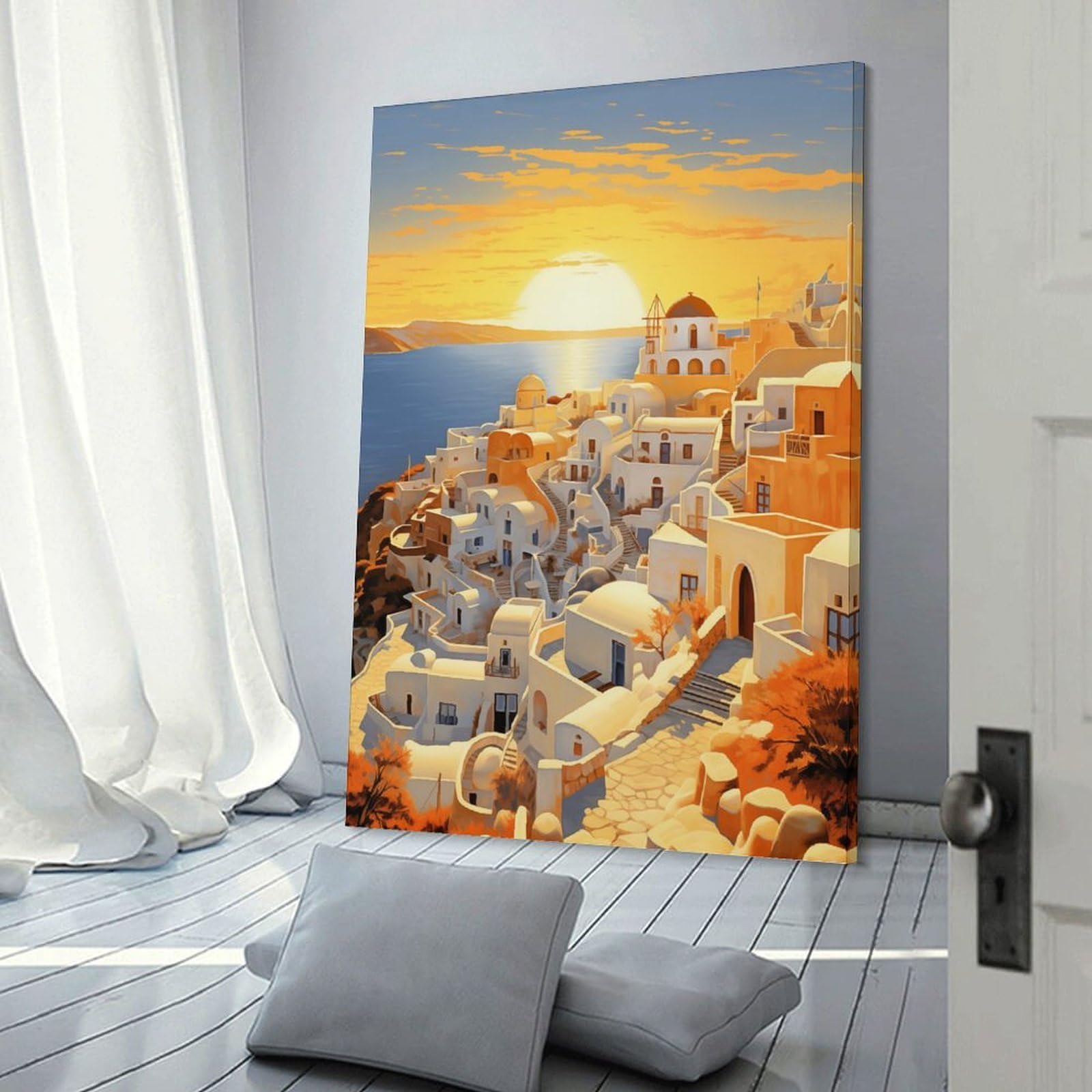 Junmoney Room Decor Wall Art Santorini Village at Sunset, 16x24inch(40x60cm), for Living Room, Lounge Or Sitting Room, Canvas Styling for A Polished Room Look