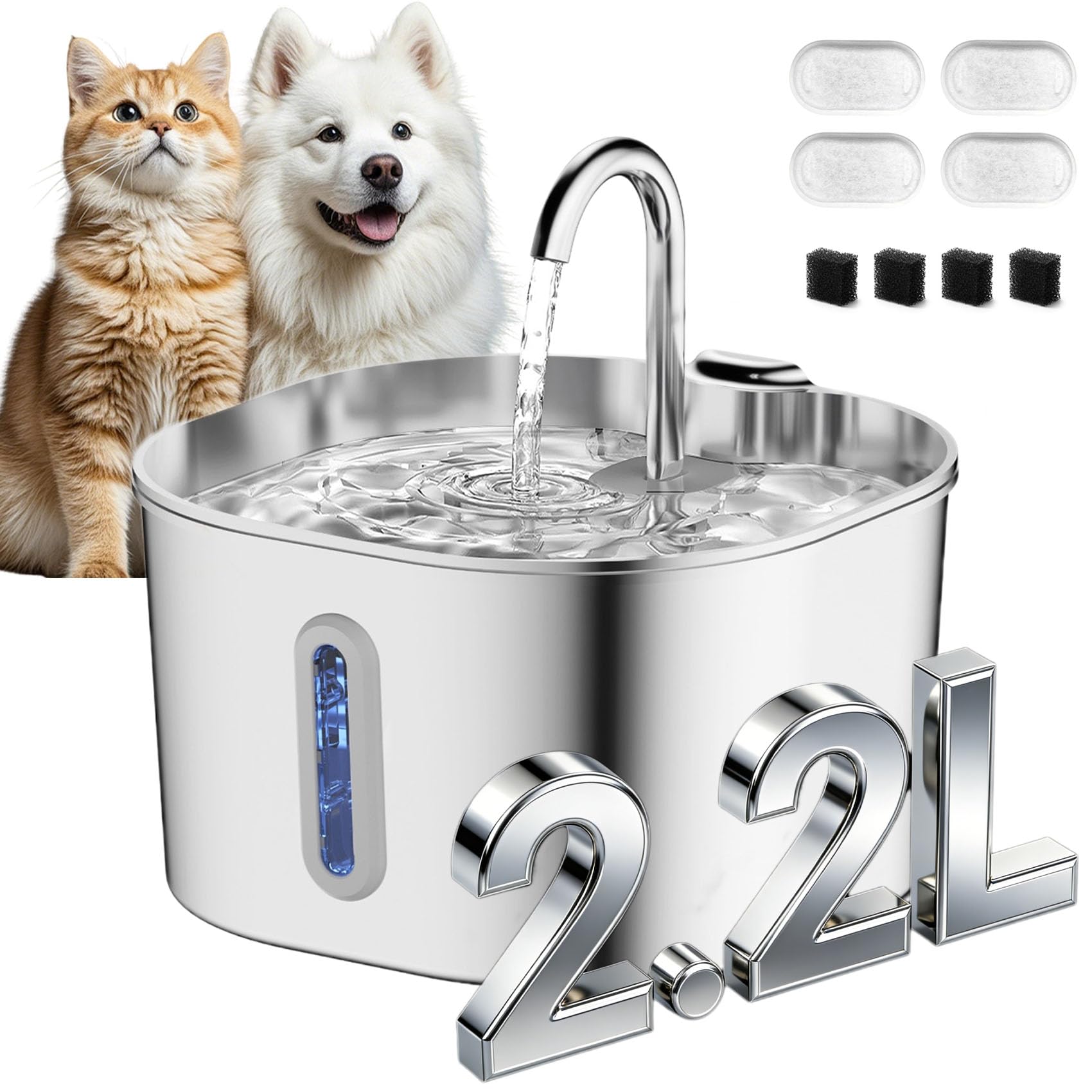 Catvitalis Fuente De Agua Gatos, 2.2L Cat Vitalis Water Fountain for Cats, with Whisper Quiet & Easy to Clean, Stainless Steel Filtered Recirculating Water Fountains for Dogs and Cats