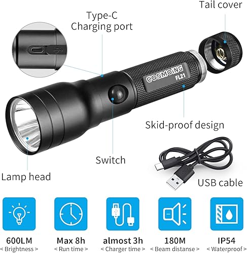 Miniatura 2 de Linterna LED de alta potencia USB C recargable, 600 lúmenes linterna táctica IP65 impermeable linterna de mano para emergencia, policía policial,