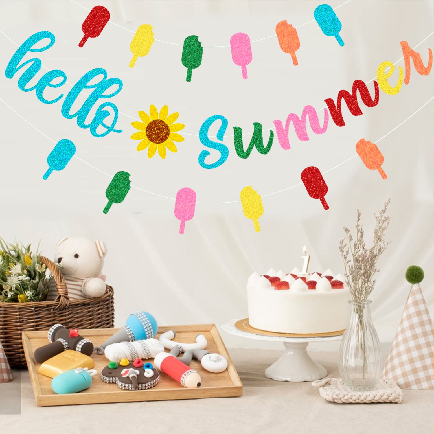 Hello Summer Banner, Colorful Glitter Summer Sunflower Banner, Hello Summer Ice Cream Popsicle Garland, Summer Party Indoor Outdoor Home Mantel Fireplace Hanging Decorations