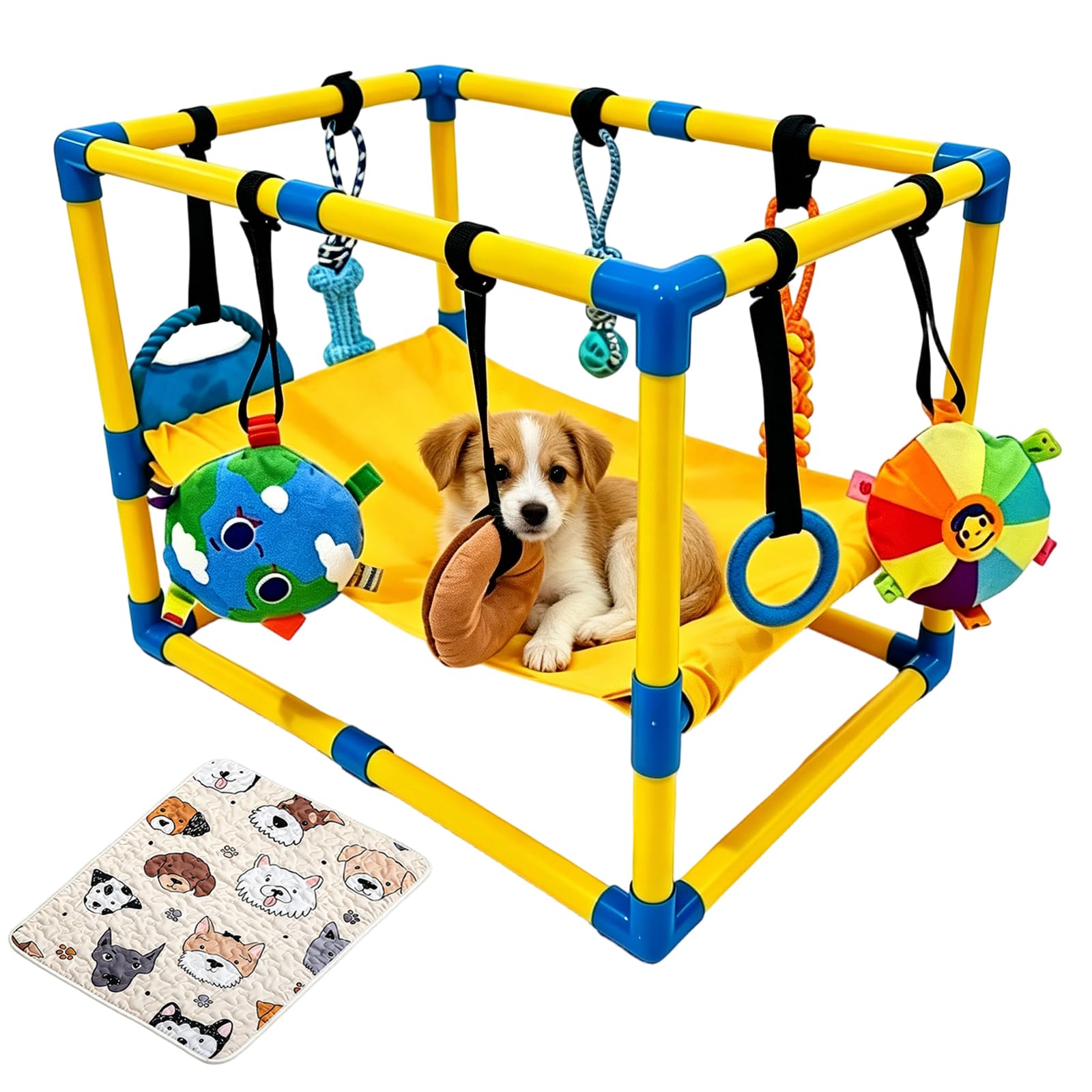 Welpenspielstudio mit 8 hängenden Spielzeugen, 60 x 40 x 40 cm für den Innenbereich | Play Gym Interaktives Hundetrainer mit Hängematte und Isomatte, PVC-Rahmen, Welpen-Fitnesscenter für Welpen