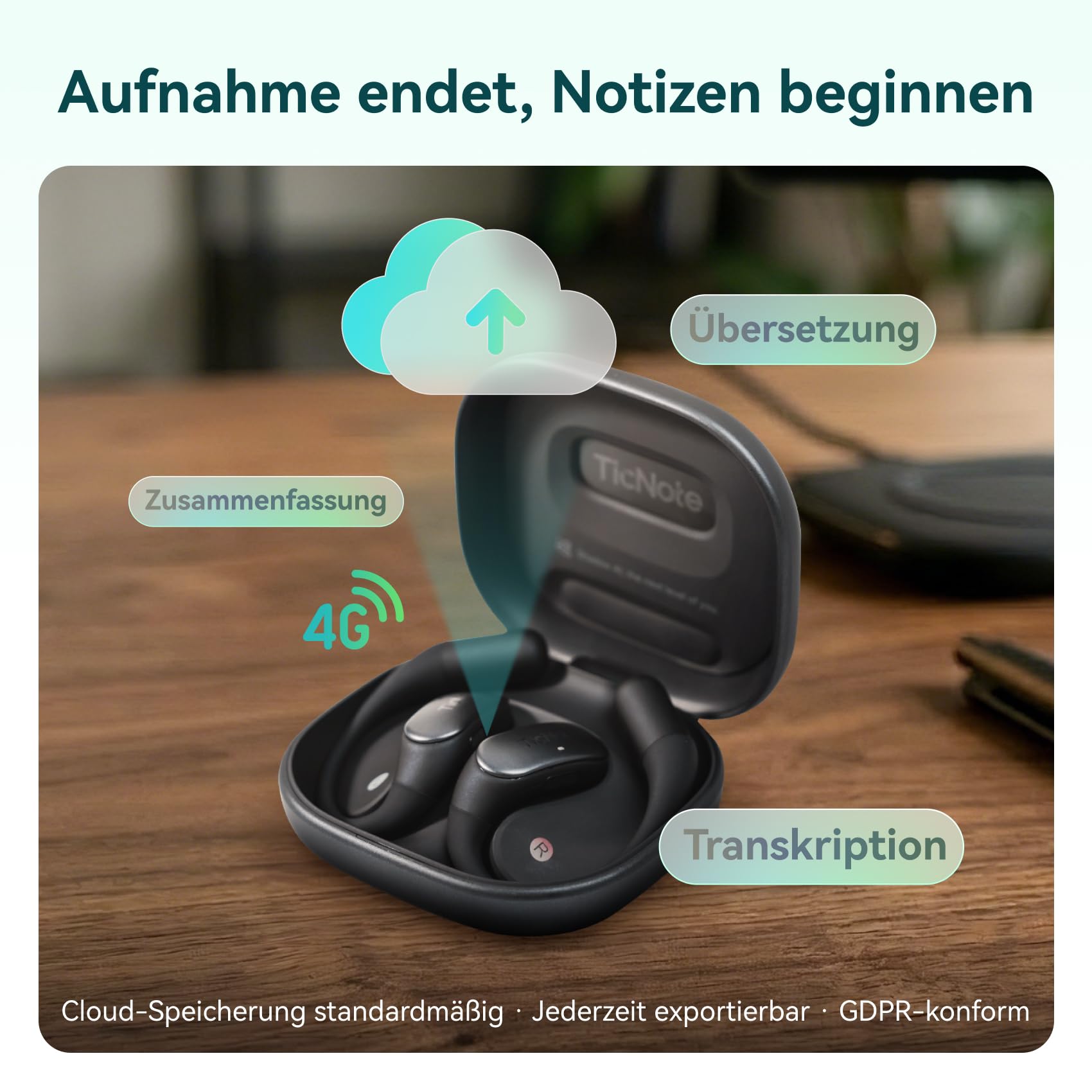 Mobvoi TicNote Pods Wearable KI-Sprachrekorder, 4G integriert – Aufnahme & Cloud-Sync ohne Smartphone, Sprachaktiviertes Aufnahmegerät, Transkription & Meeting-Notizen, über 120 Sprachen, 5h Akku