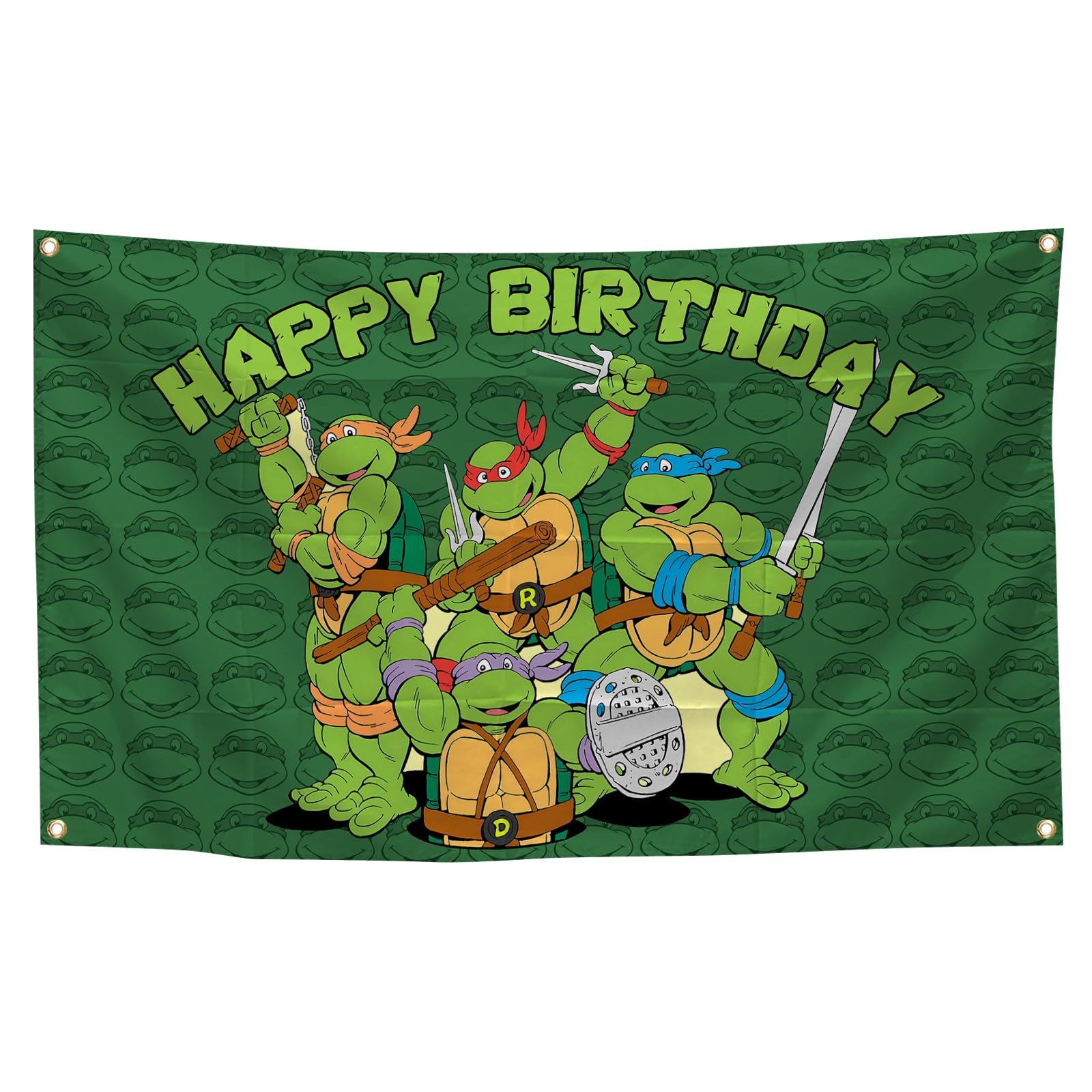 Funny Tapestries: Ninja Turtle Happy Birthday Green Background — 3×5FT Bedroom Children's Room Living Room Party Birthday Decoration