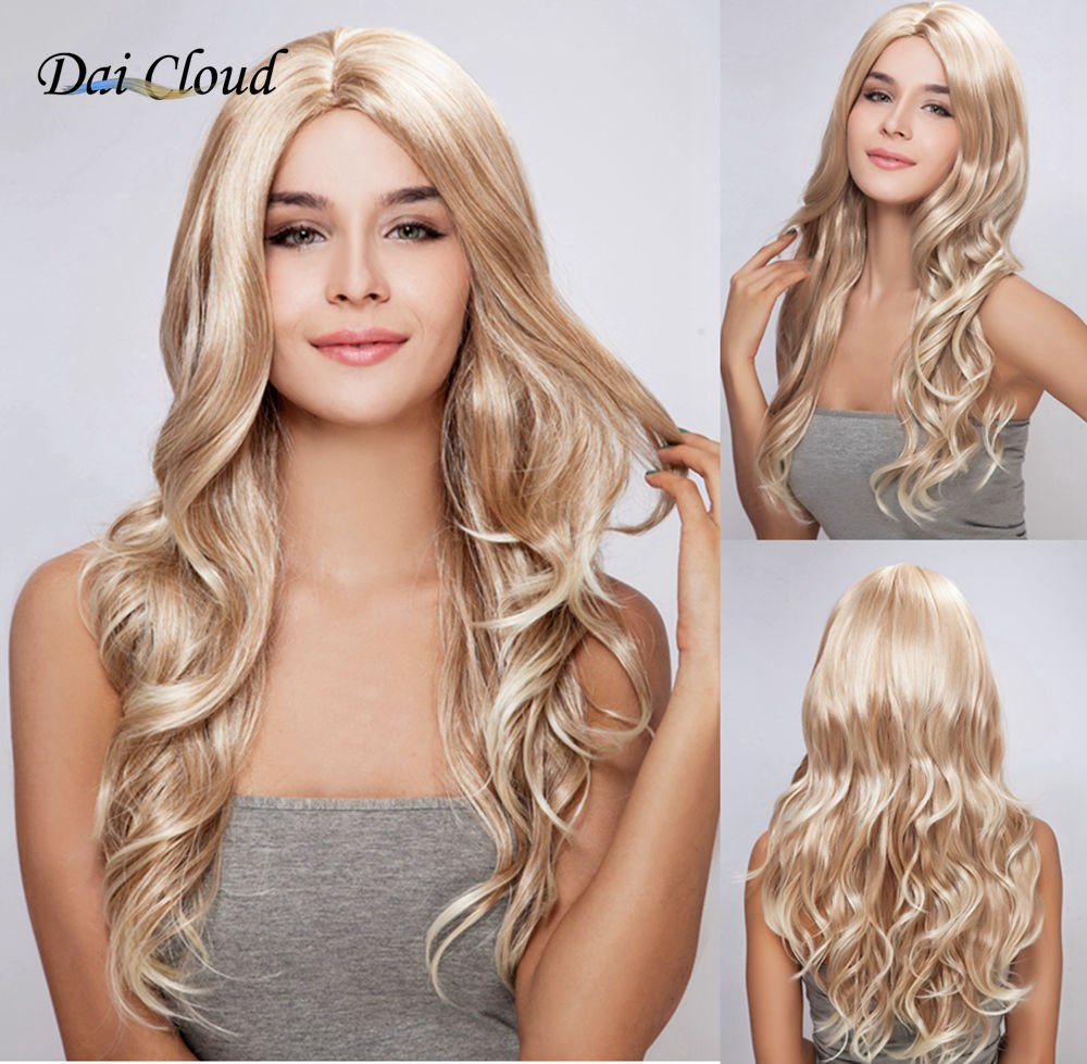Long Blonde Cosplay Synthetic Wave Wig Middle Part Curly Heat Resistance Charming Hair Replacement Wig for Women 25 Inches