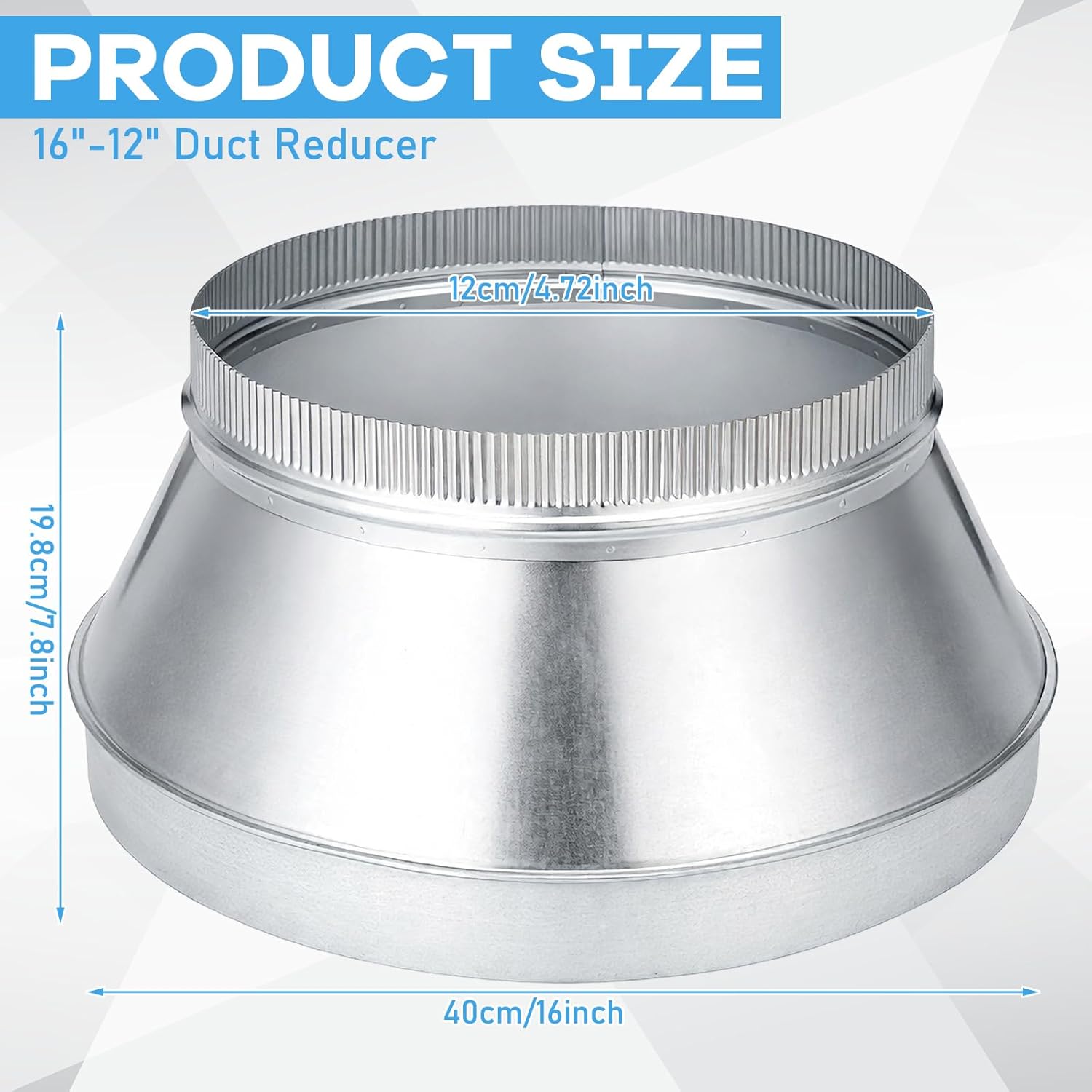 Zonon 16" to 12" Duct Reducer Single Wall Galvanized Metal Fitting HVAC Durable Transition Connector for Ventilation Systems Heating Cooling and Airflow Management