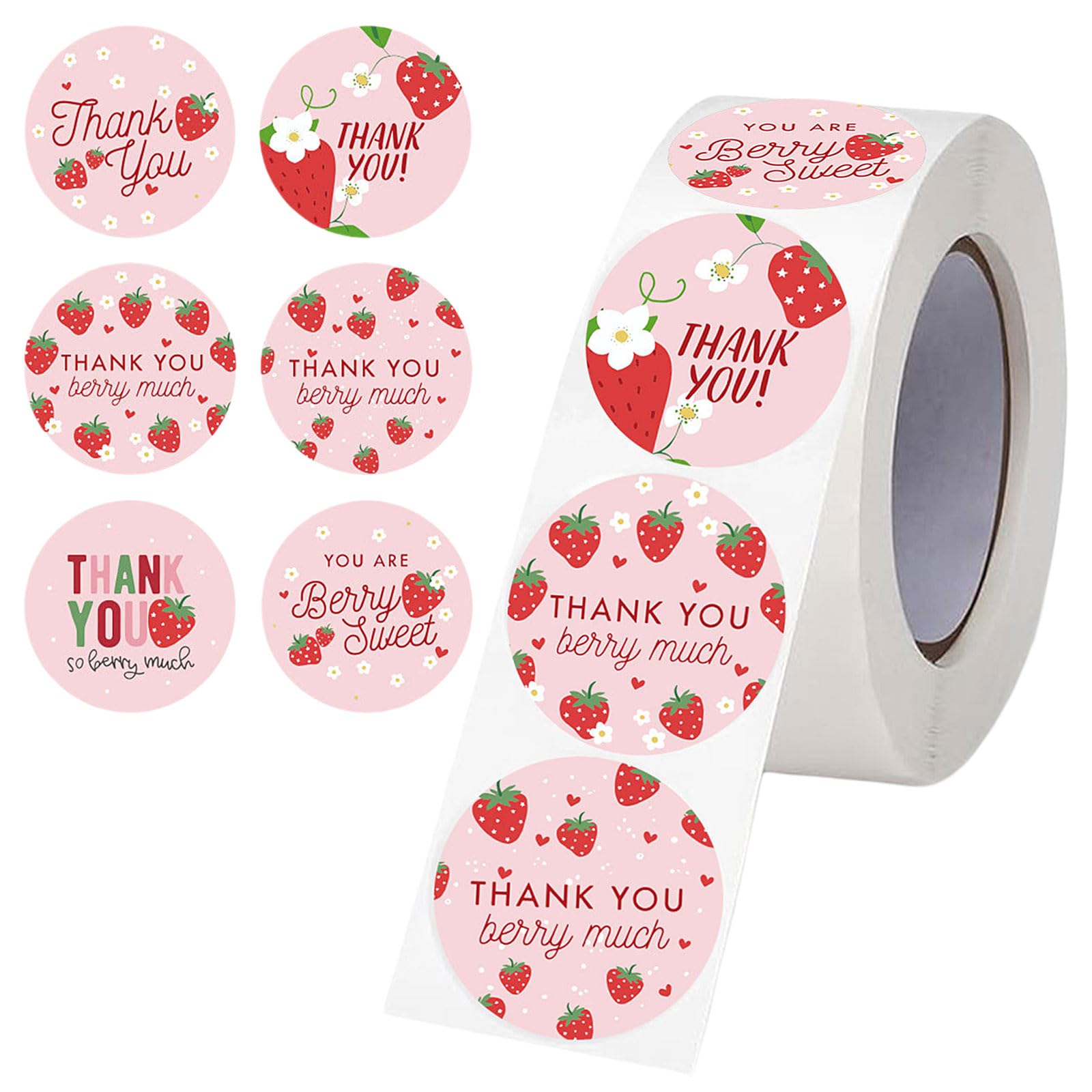 1 Roll 500 Pcs Red Strawberry Pink Thank You Stickers