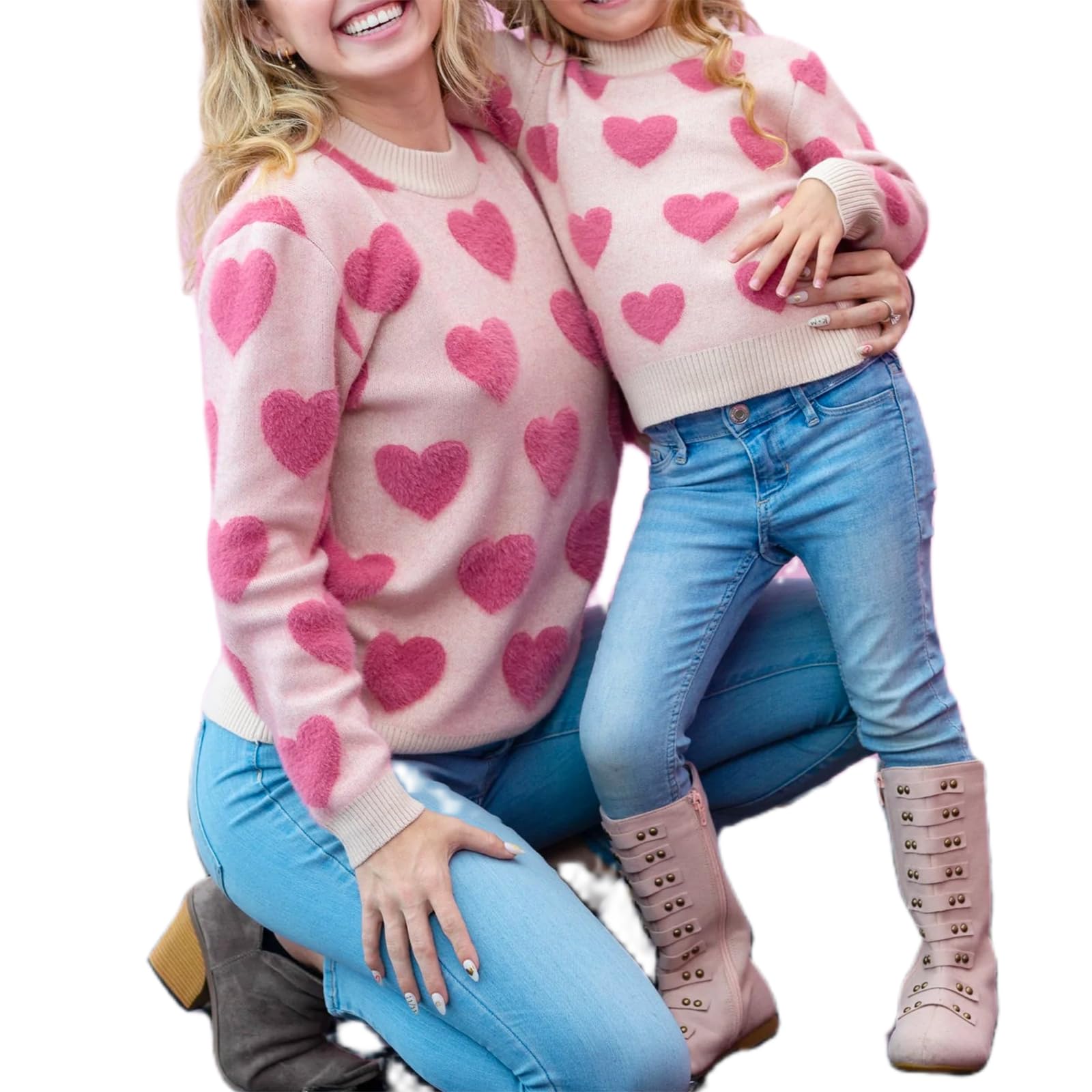 Mommy and Me Matching Sweaters Outfits Heart Graphic Sweater Family Matching Clothes Long Sleeve Pullover Tops(Kids? 7-8 Years? Beige+Pink Heart
