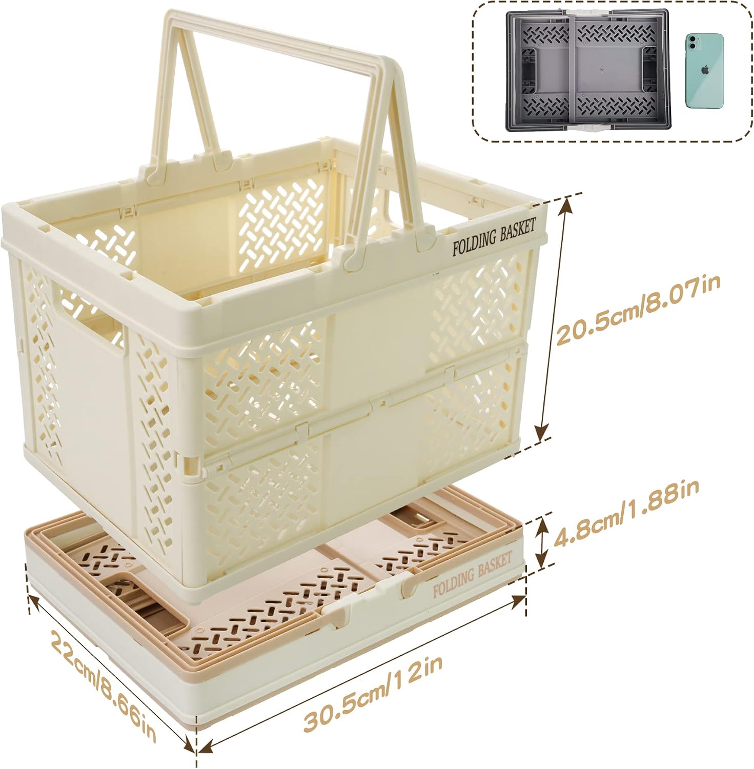 Spesh 2 Pcs Collapsible Storage Crates 31cm*22cm Mini Foldable Kids Shopping Baskets with Handles Small Plastic Crates for Picnic,Shopping,Camping(Beige+Lightpink) - Image 3