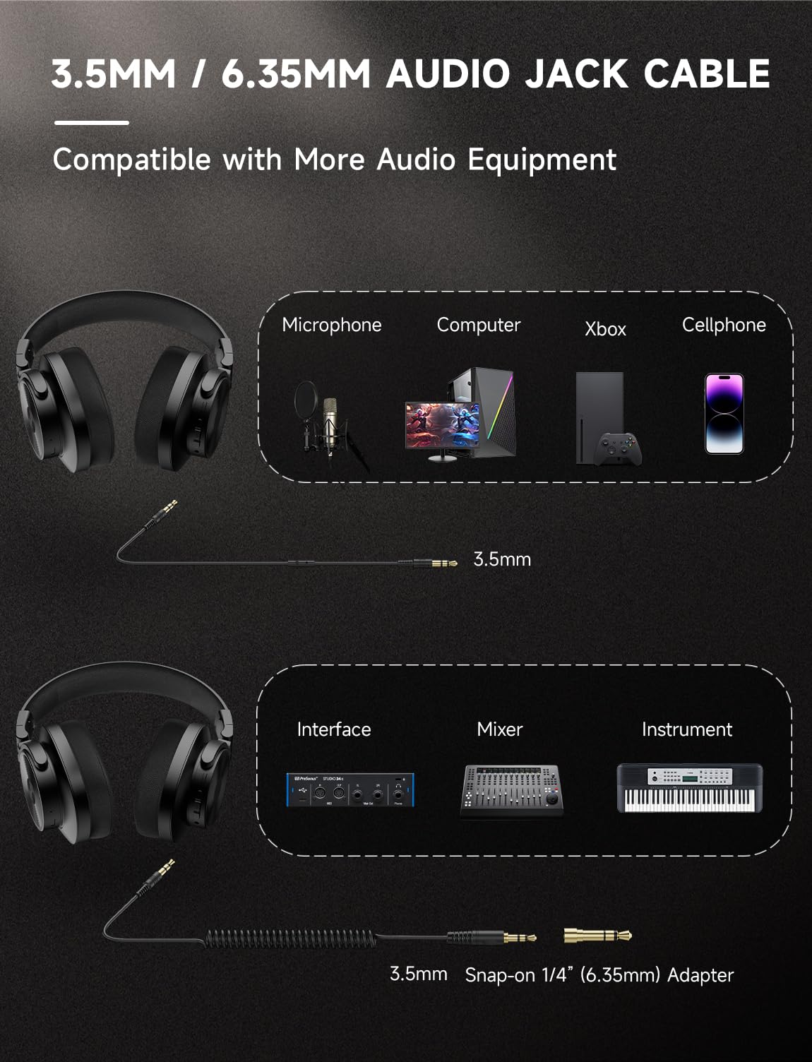 AOC Auriculares con cable, auriculares para monitor de estudio DJ con 72 horas de reproducción, conector de 3,5 mm/6,35 mm, cable en espiral desmontable para mezclar, grabar, podcast, amplificador de