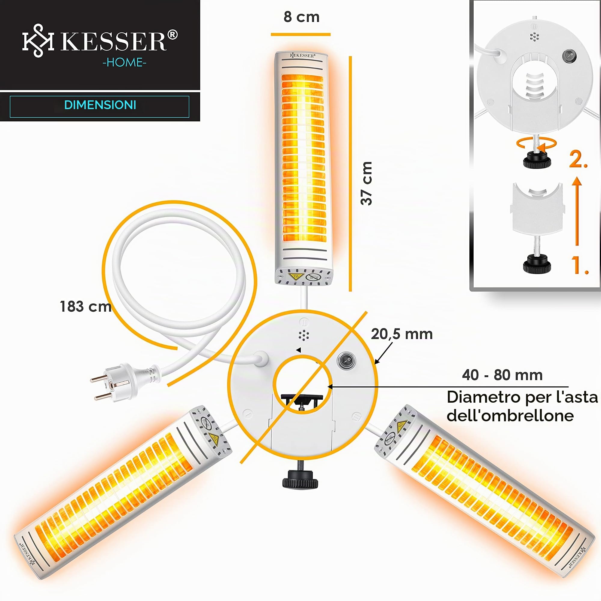 KESSER® Stufa radiante a infrarossi 3000W per terrazzo Riscaldatore a Ombrello al Quarzo per la ristorazione, Stufa radiante per Esterni a infrarossi con Telecomando | Altezza Regolabile, d'Argento