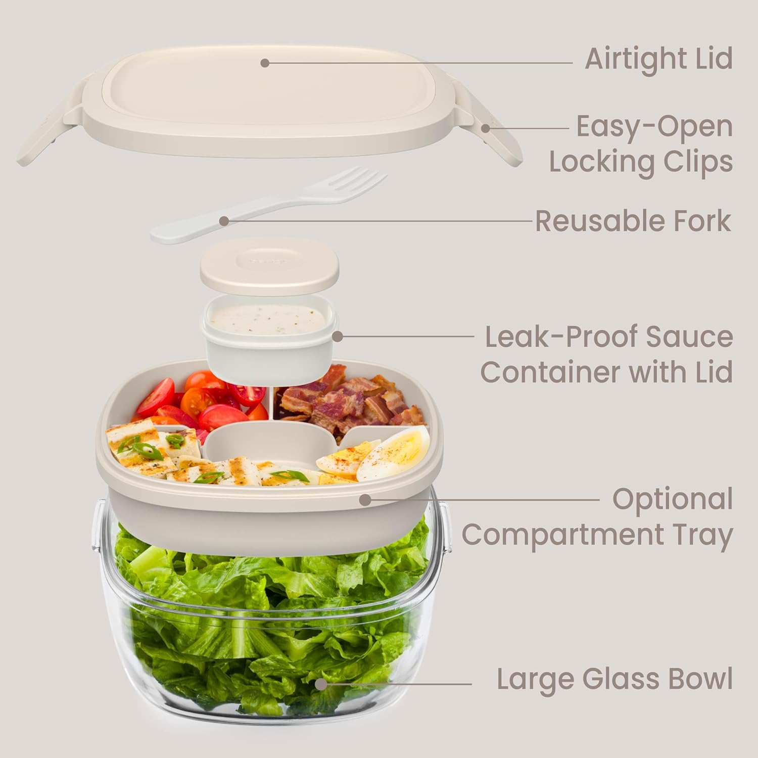 Bentgo Glass Salad Container - 7.6-Cup Salad Bowl with Airtight Lid, Leak-Proof Sauce Container, 4-Compartment Bento Tray & Reusable Fork - BPA-Free for Meal Prep, Office & More (White Stone Tan) - Image 5