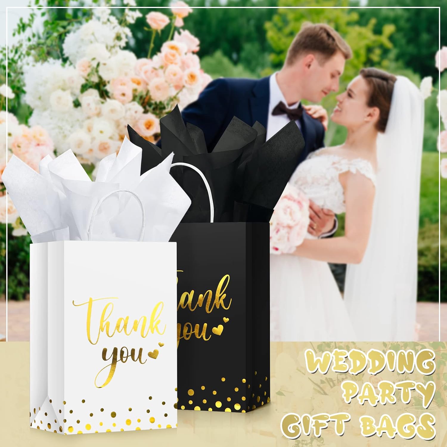 Tinlade 30 Pcs Thank You Gift Bags with Tissue Paper Gold Thank You Wedding Bags with Handle for Graduation Business Shopping Wedding Shower Party Favors(Black White) - Image 5