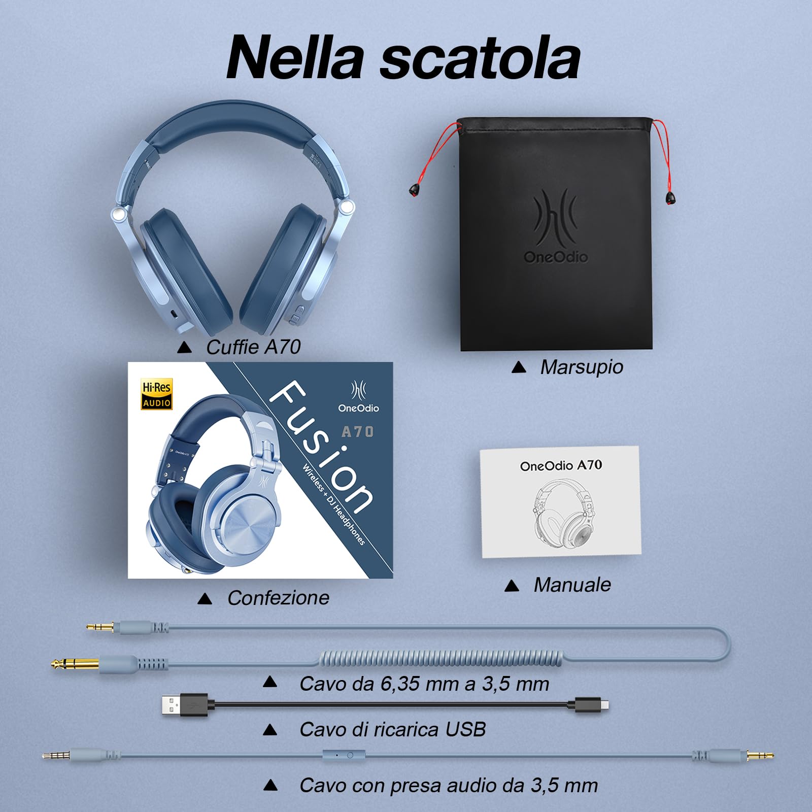 OneOdio A70 Cuffie Bluetooth Over Ear, Cuffie Cablate e Wireless Cuffie Stereo con Microfono, 72 Ore di Riproduzione, CVC 8.0, Jack 3,5 e 6,35 mm, Pieghevole/per DJ/Chitarra/Cellulare/PC (Blu)