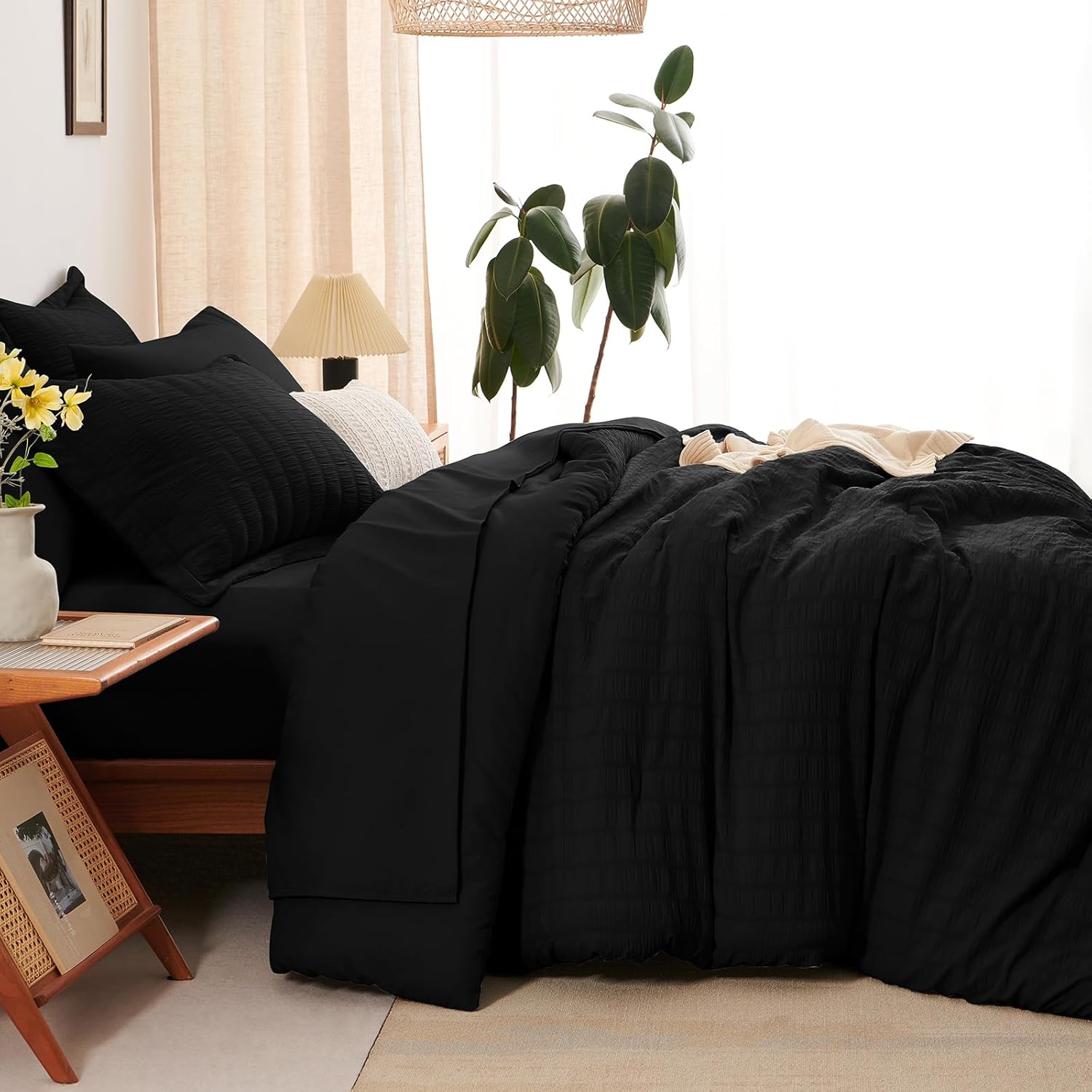 CozyLux Twin XL Comforter Set with Sheets Seersucker Black 5 Pieces Bed in a Bag, Twin Extra Long Luxury Soft Bedding Sets for College Dorm with Down Alternative Comforter, Sheets, Pillowcases & Shams - Image 9