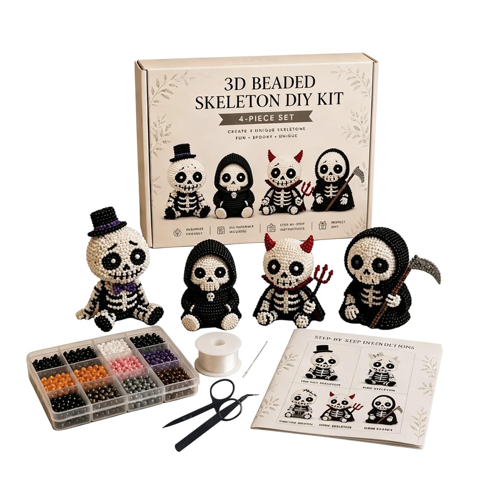 3D Beaded Skeleton DIY Kit, Petite 3D Beaded Skull Skeleton Craft Kit and Instructions, Beginners Friendly Tiny Beading Kit 3D DIY Collection, Cute 4-Pack DIY Skeletons Beading Set
