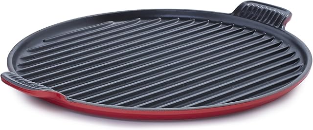 Le Creuset Enamelled Cast Iron Giant Round Grill, For Low Fat Cooking On All Hob Types Including Induction, 32 cm, Cerise, 201853206