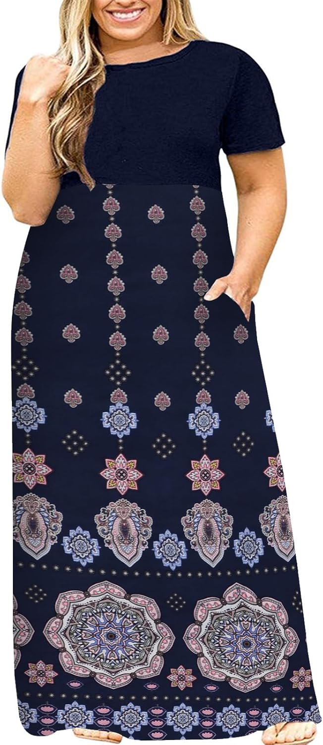 Kancystore Women's Short Sleeve Plus Size Maxi Dress with Pockets Loose Casual Summer Dresses XL-5X