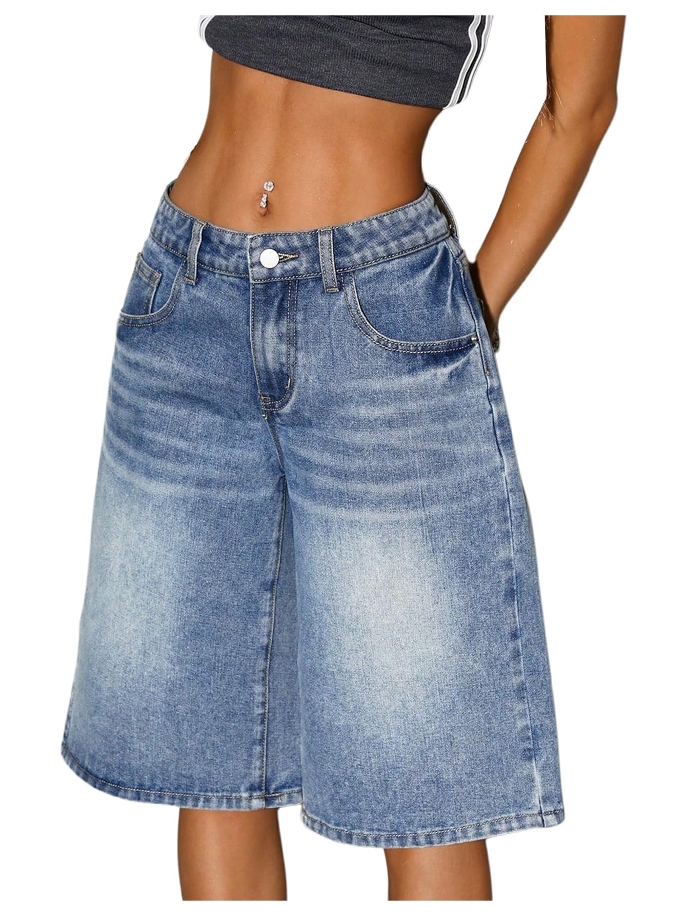 View 1 of *** missing button***
WDIRARA Women's Low Rise Baggy Denim Bermuda Shorts size 27