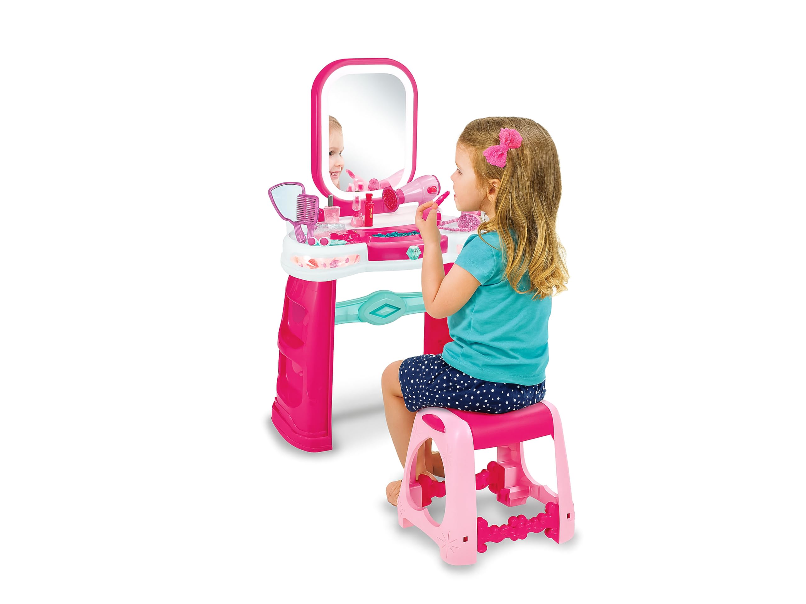 Teorema Giocattoli, Specchiera Magica Bambina con Sgabello, Postazione Trucco con Luci LED e Suoni Touch, Tavolo Trucco Interattivo, Asciugacapelli Funzionante a Batteria e Portagioie