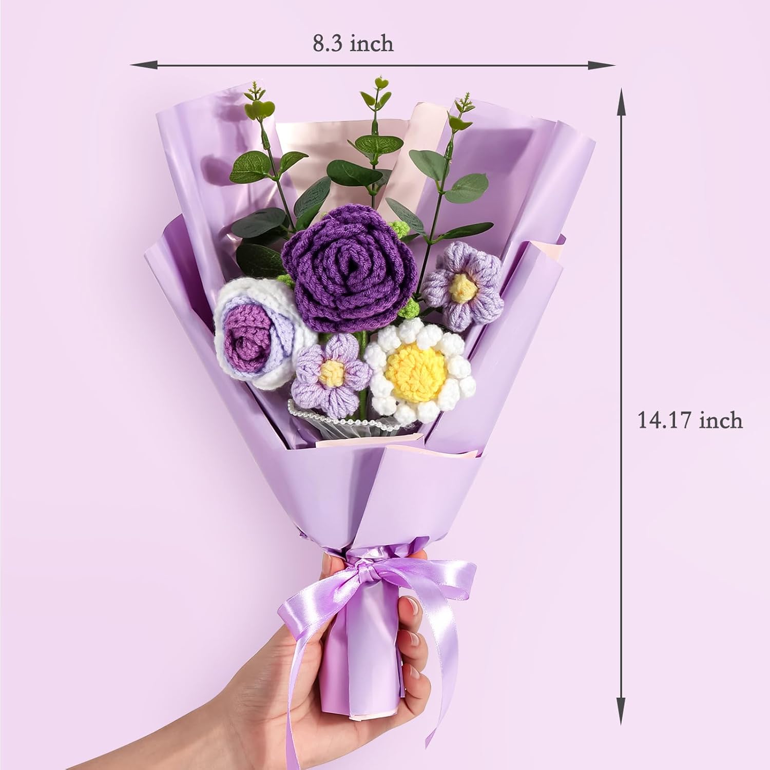 Omldggr Crochet Flowers Bouquet, Knitted Rose Daisy Bouquet with Exquisite Purple Wrap Eternal Blessing for Mom Gift, Christmas Valentine's Day Birthday Wedding for Her - Image 2