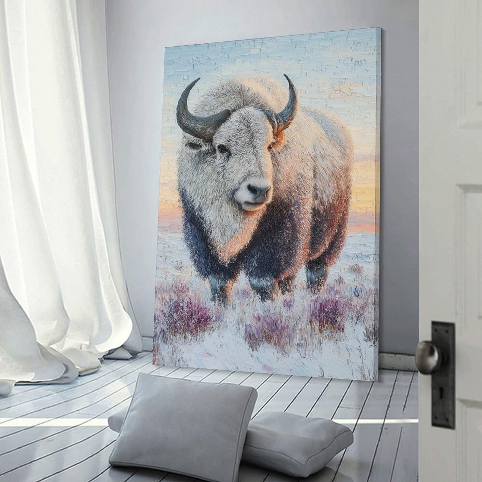 Junmoney White Bison in Snowy Landscape Hanging Wall Art 16x24inch(40x60cm), for Study, Office Or Focused Interiors, Wall Art That Adds Style to Work Areas