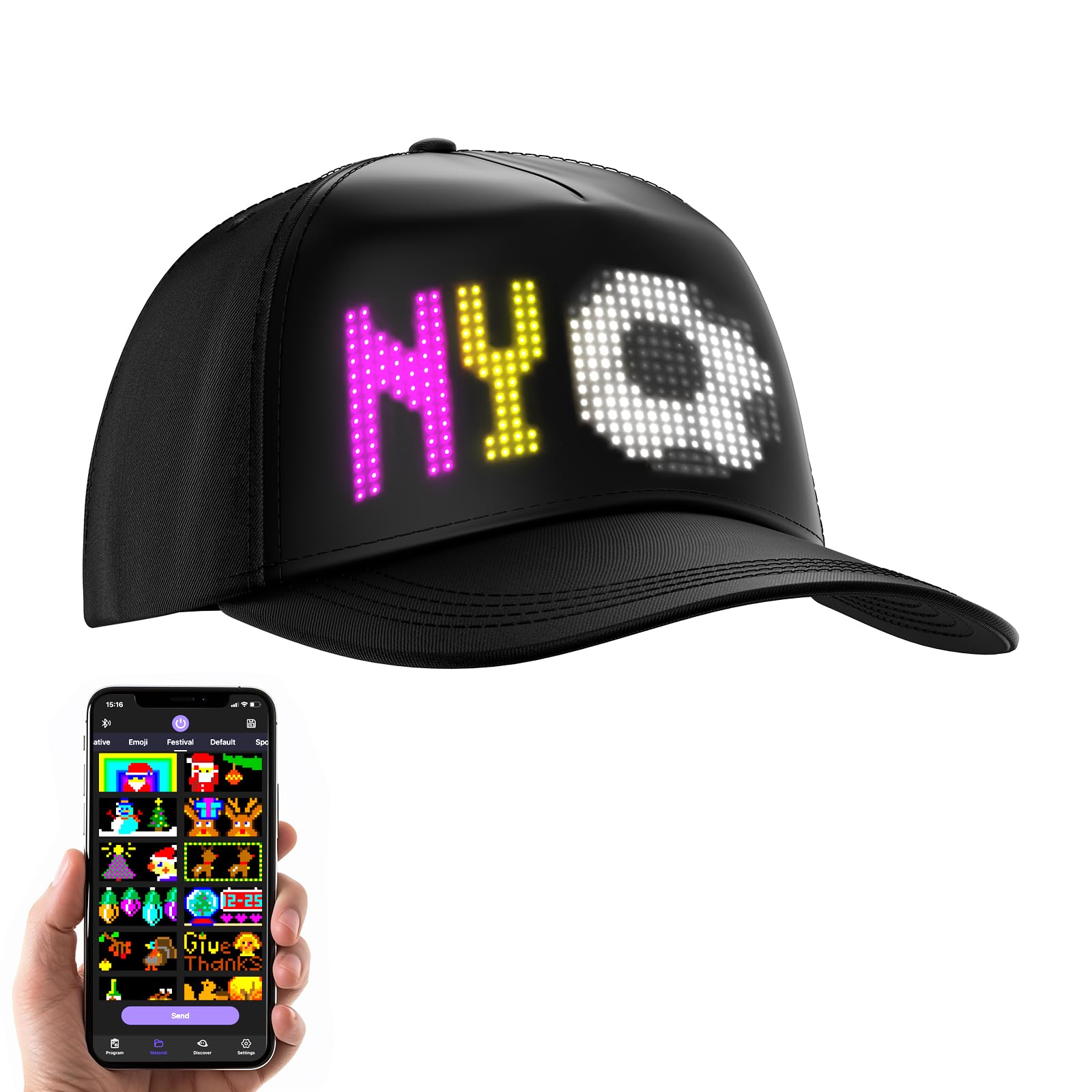 Photo 1 of GOTUS Small Baseball LED Hats, Fits Head Circumference 21"-22",Bluetooth APP Control,Custom Text, Patterns, Animations for Party Christmas