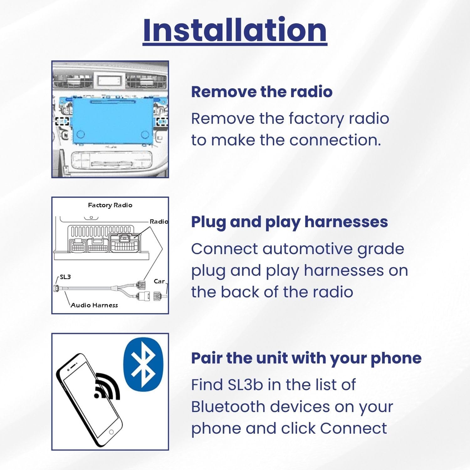 Diagram showing steps for radio removal and harness connection for SL3b-T installation