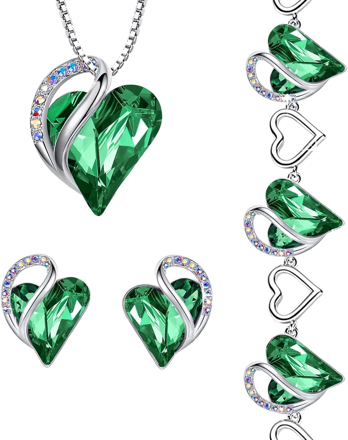 Leafael Infinity Love Heart Necklace, Stud Earrings, and Bracelet for Women, May Birthstone Crystal Jewelry, Silver Tone Gifts for Women, Emerald Green