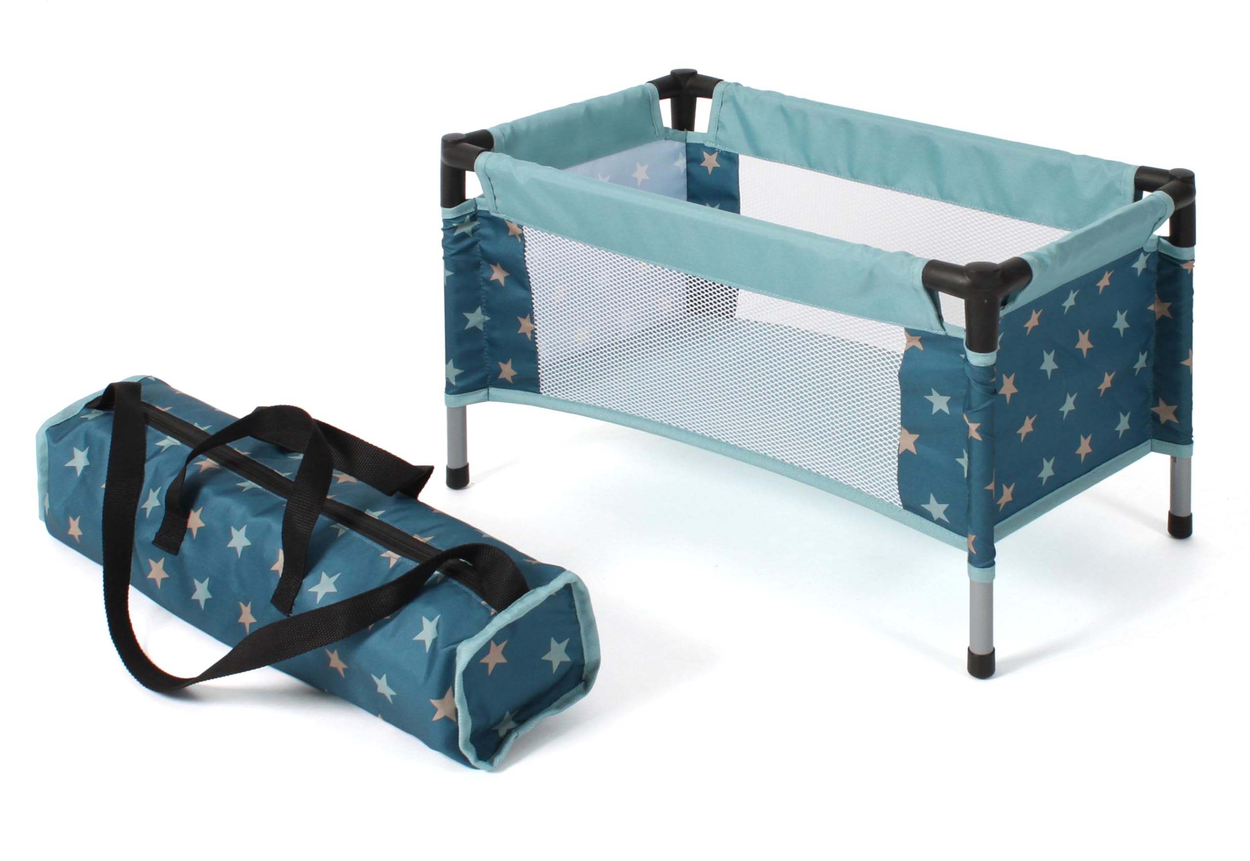Bayer Chic 2000 - Lettino da Viaggio per Bambole Fino a 48 cm, Letto per Bambole, Lettino da Viaggio per Bambole, mobili per Bambole, Accessori per Bambole, Stelline, Turchese